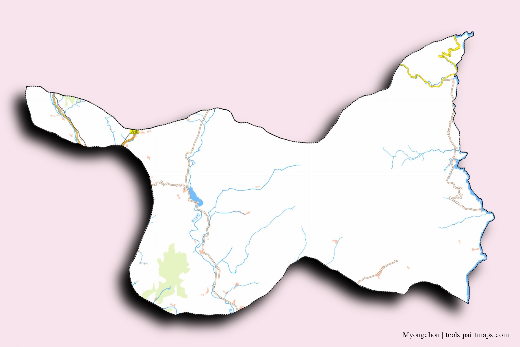 Myongchon neighborhoods and villages map with 3D shadow effect