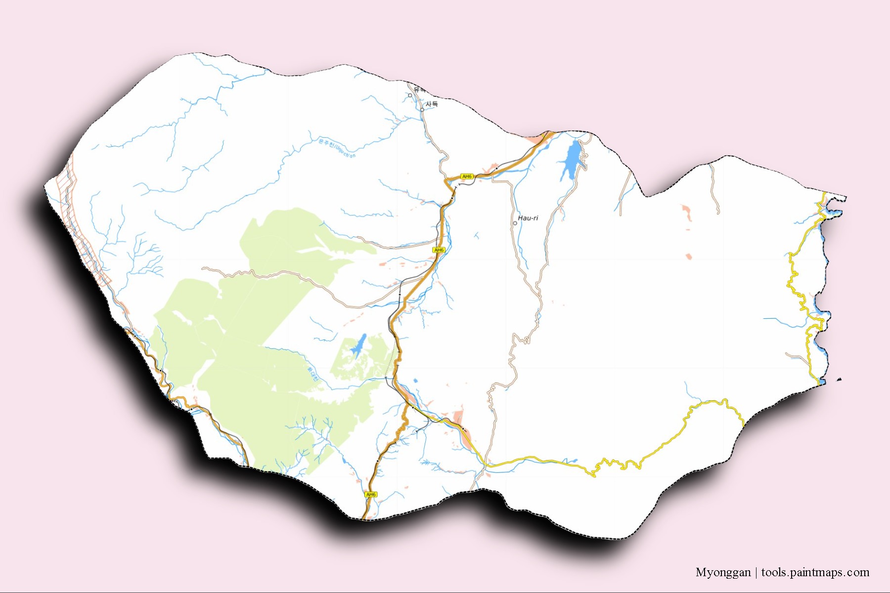 Mapa de barrios y pueblos de Myonggan con efecto de sombra 3D