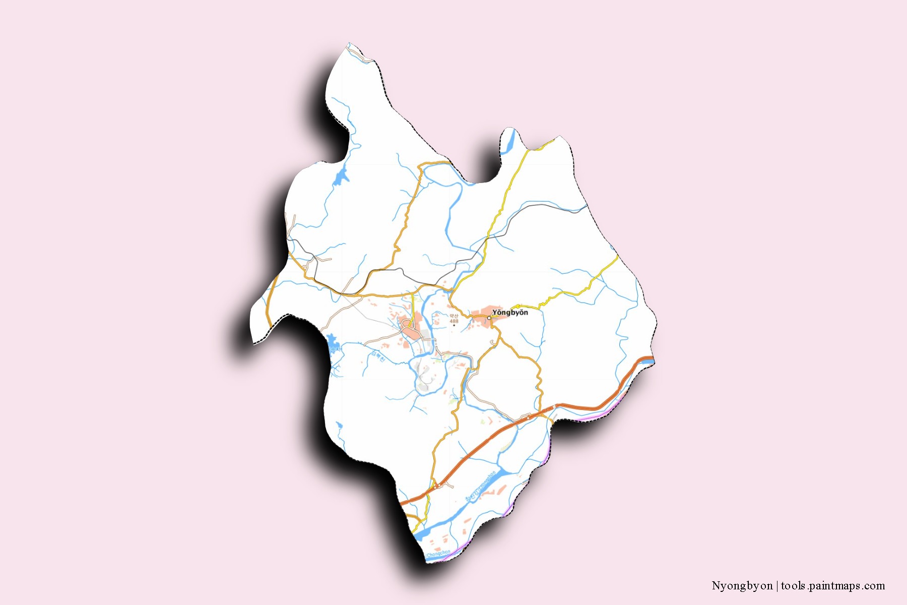 Mapa de barrios y pueblos de Nyongbyon con efecto de sombra 3D