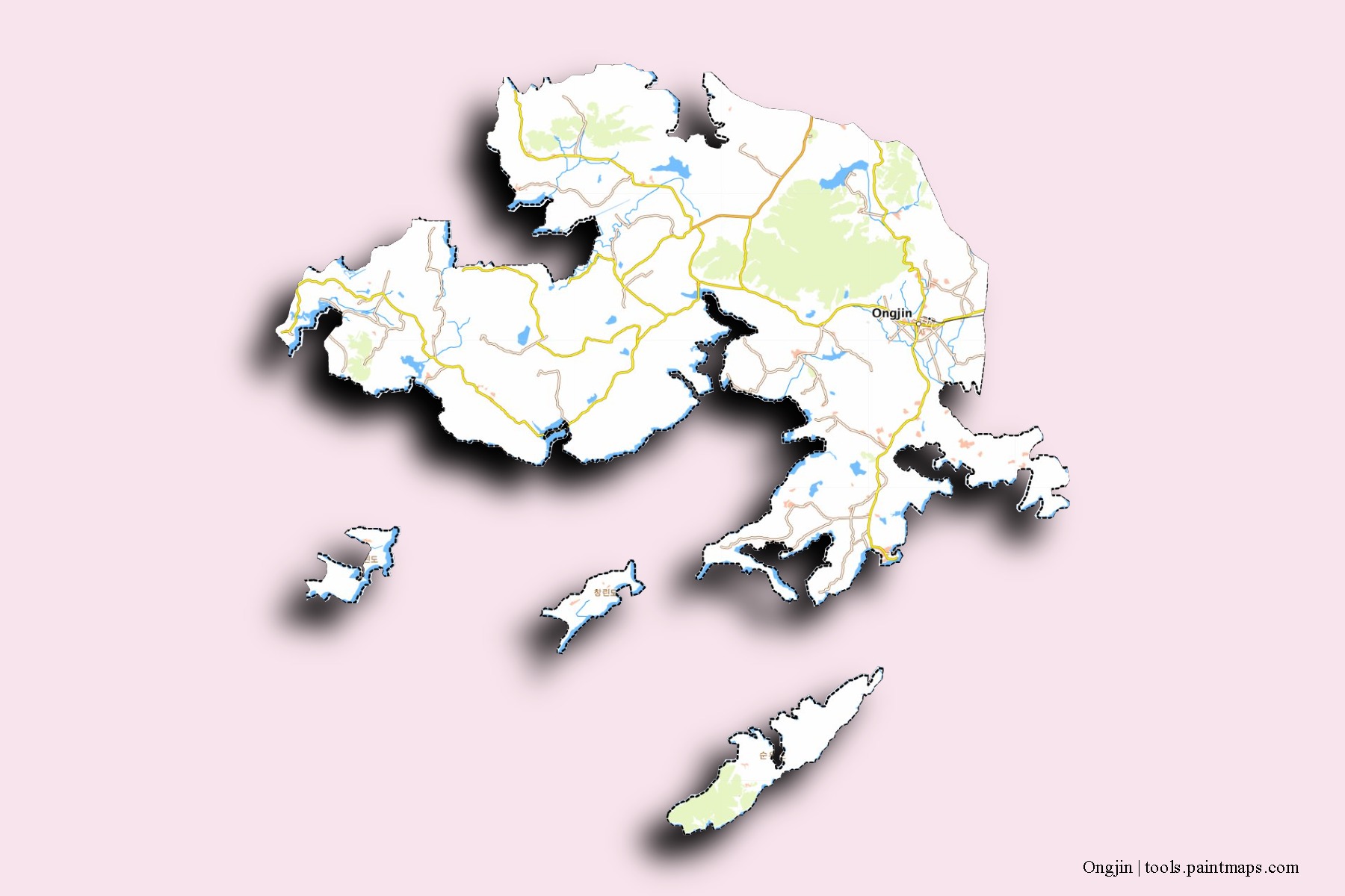 Ongjin neighborhoods and villages map with 3D shadow effect