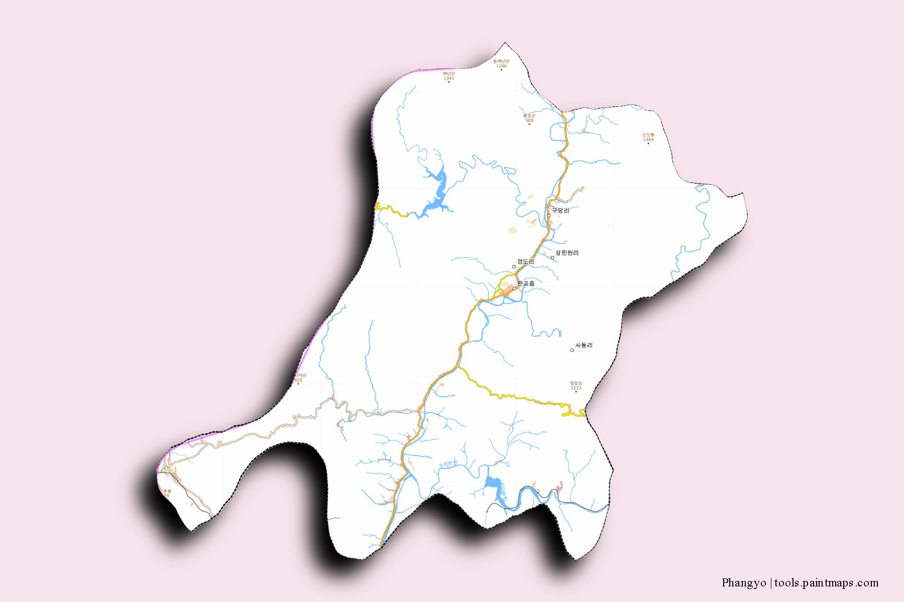 Mapa de barrios y pueblos de Phangyo con efecto de sombra 3D