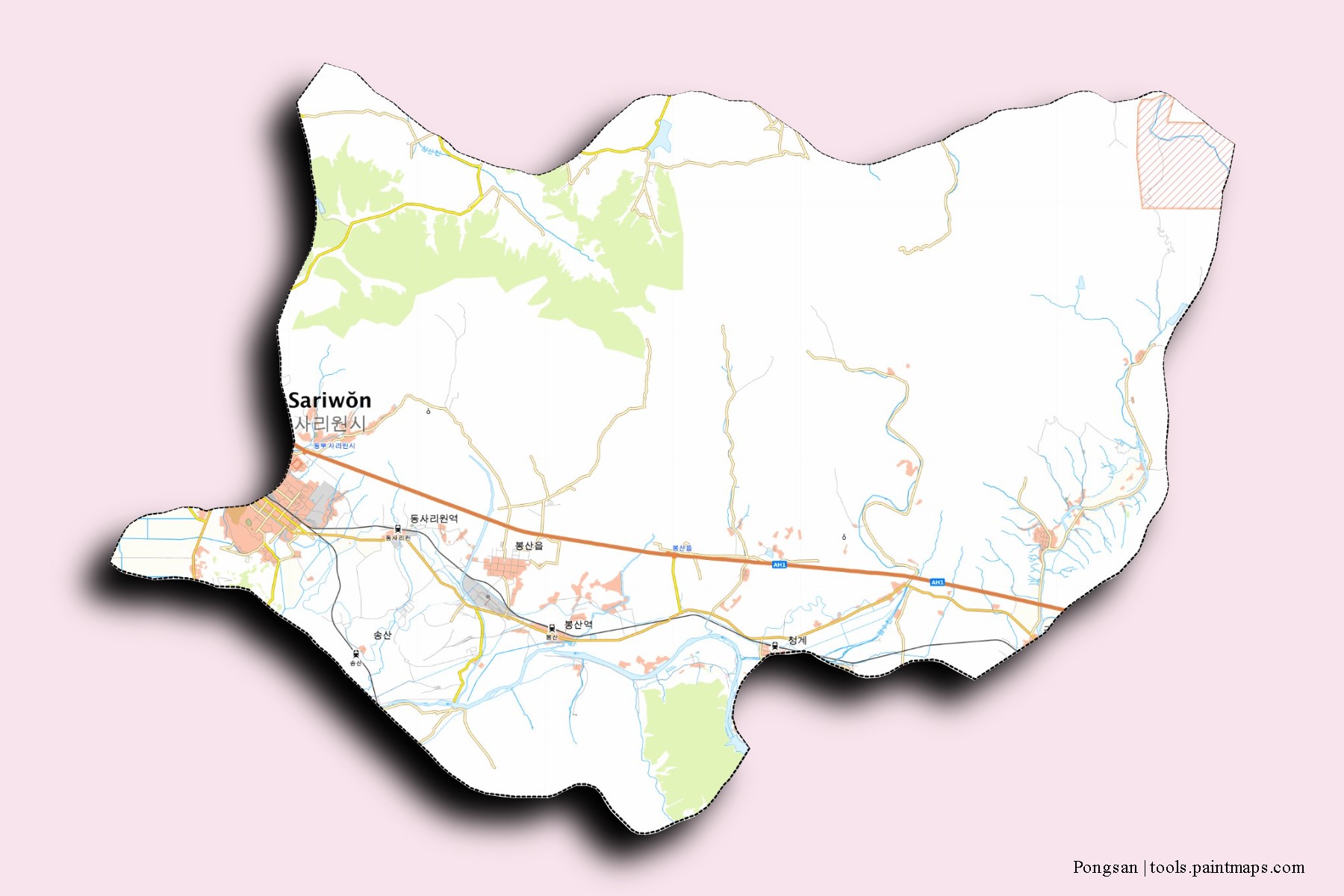 Pongsan neighborhoods and villages map with 3D shadow effect