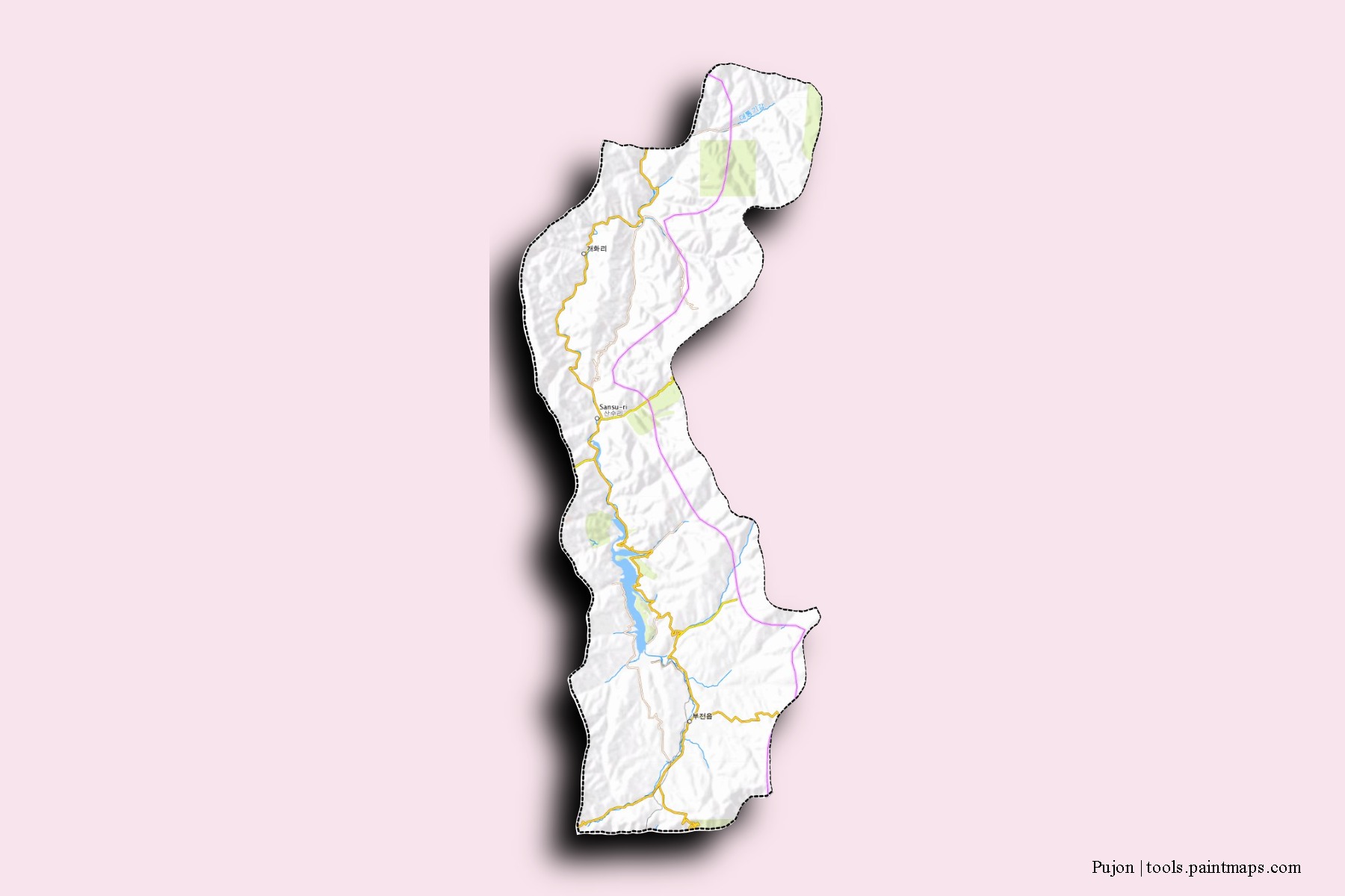 Mapa de barrios y pueblos de Pujon con efecto de sombra 3D