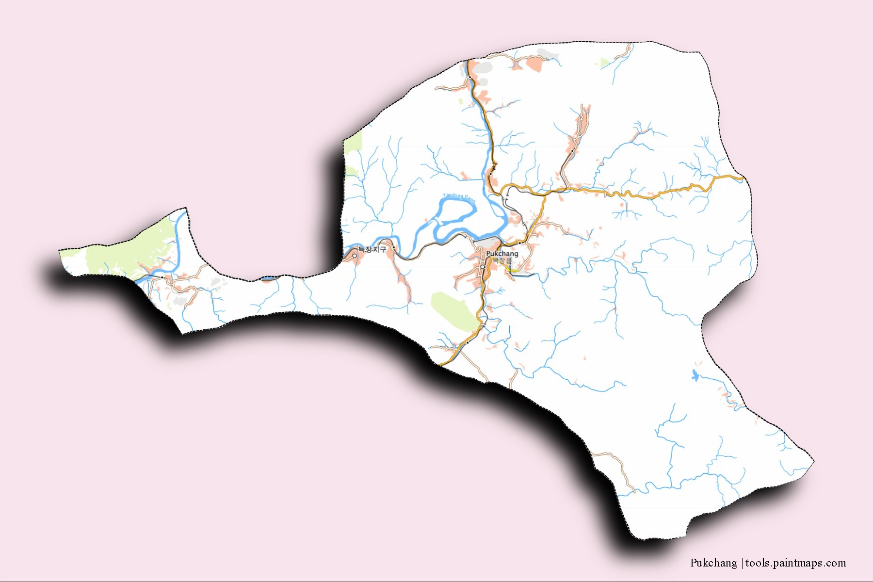 Pukchang neighborhoods and villages map with 3D shadow effect