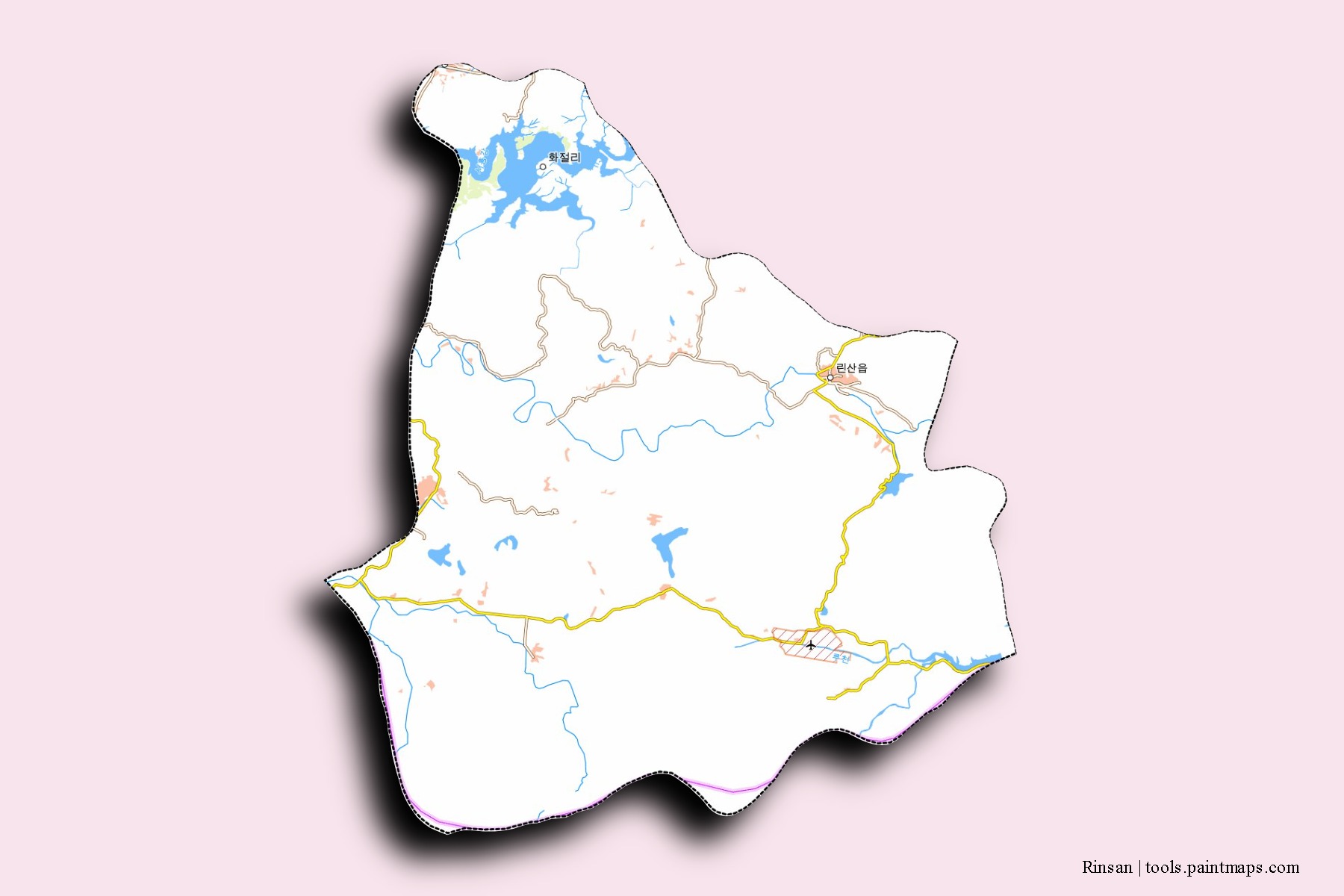 Mapa de barrios y pueblos de Rinsan con efecto de sombra 3D