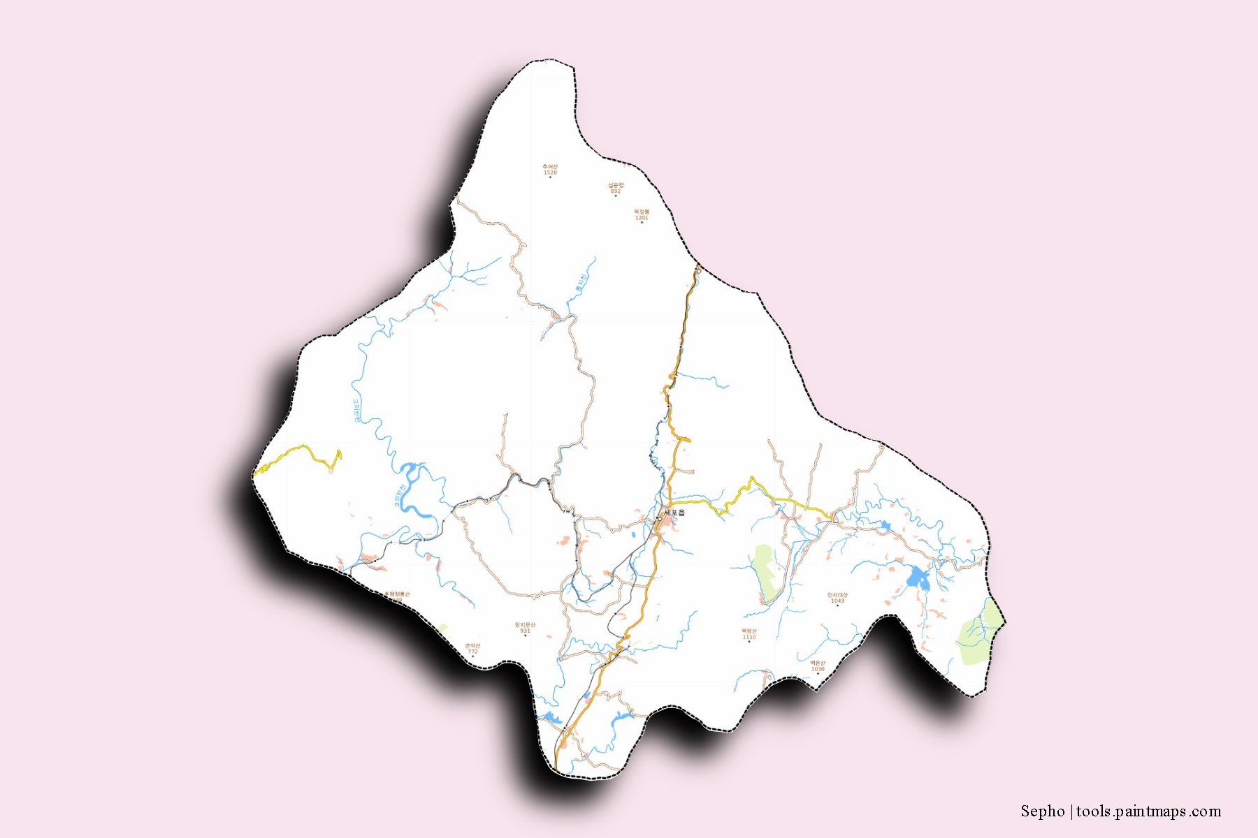 Mapa de barrios y pueblos de Sepho con efecto de sombra 3D