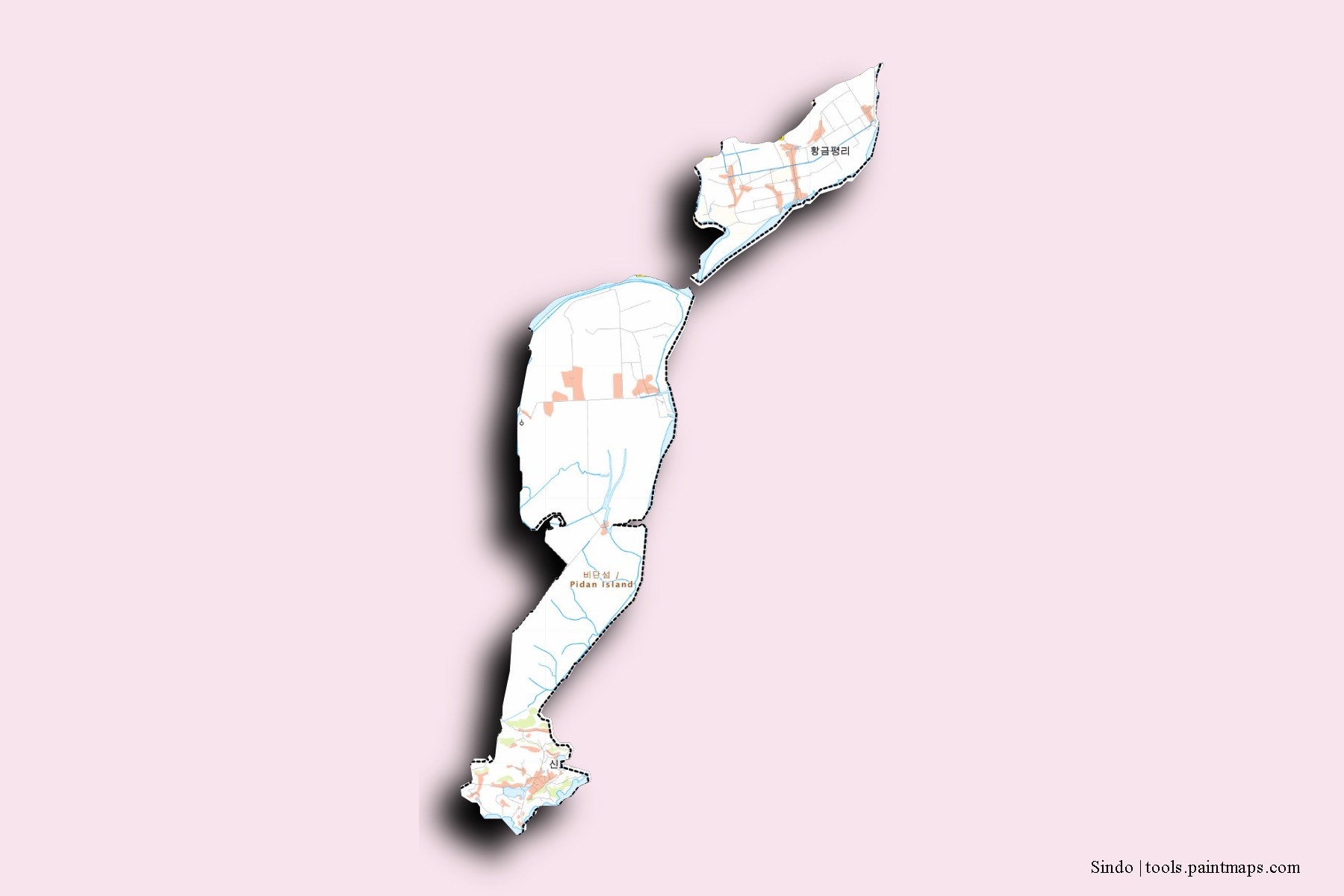 Mapa de barrios y pueblos de Sindo con efecto de sombra 3D