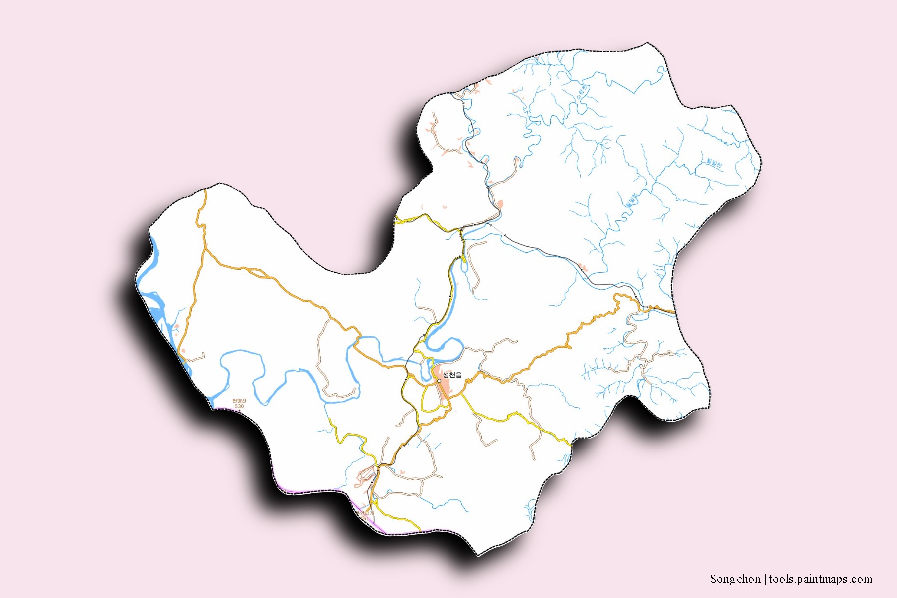 Songchon neighborhoods and villages map with 3D shadow effect