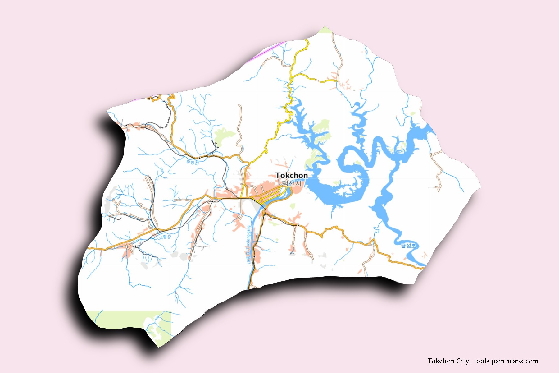 Tokchon neighborhoods and villages map with 3D shadow effect