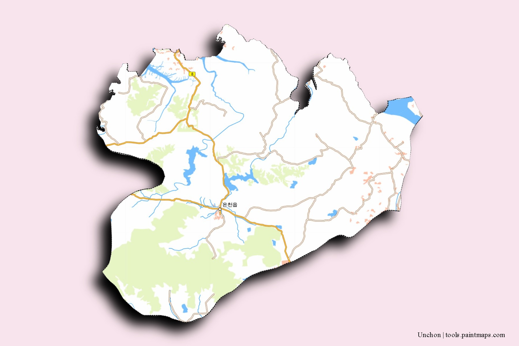 Mapa de barrios y pueblos de Unchon con efecto de sombra 3D