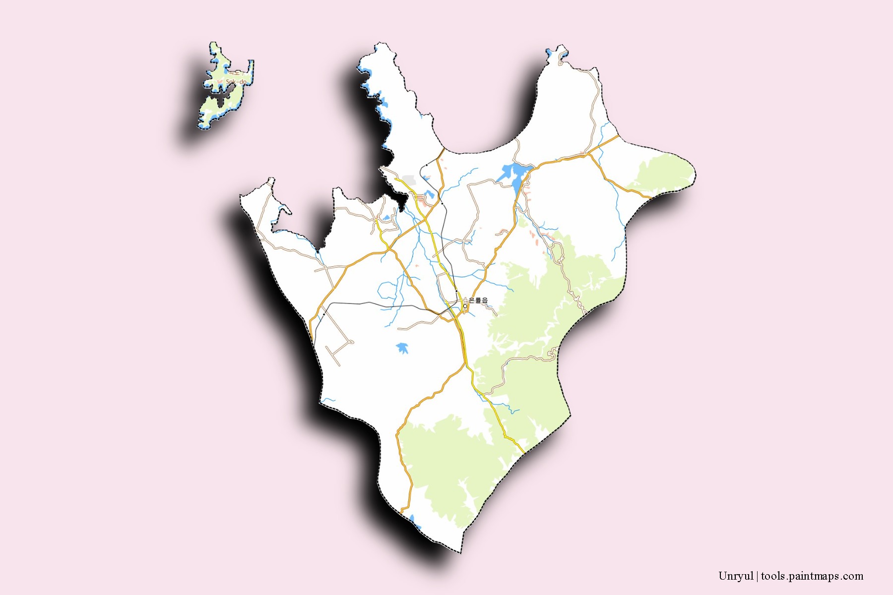 Mapa de barrios y pueblos de Unryul con efecto de sombra 3D