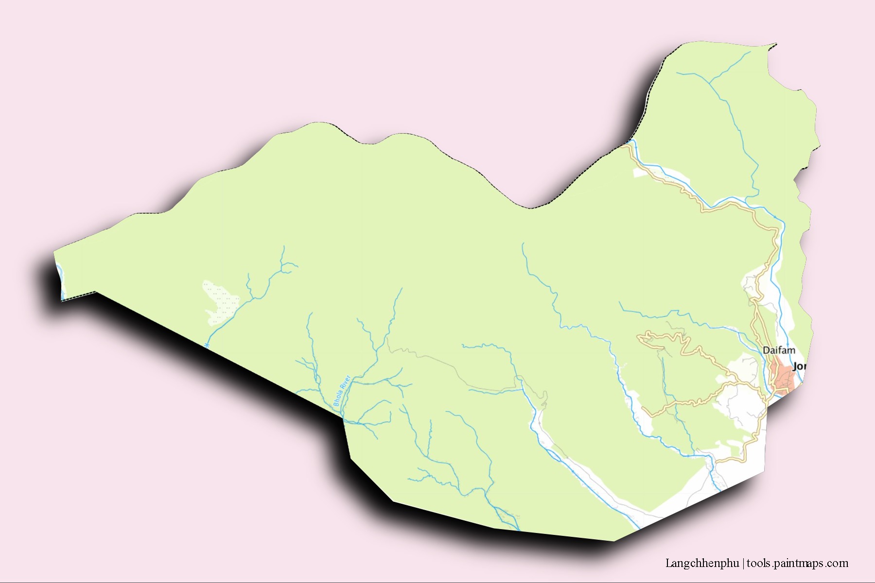 Mapa de barrios y pueblos de Langchhenphu con efecto de sombra 3D