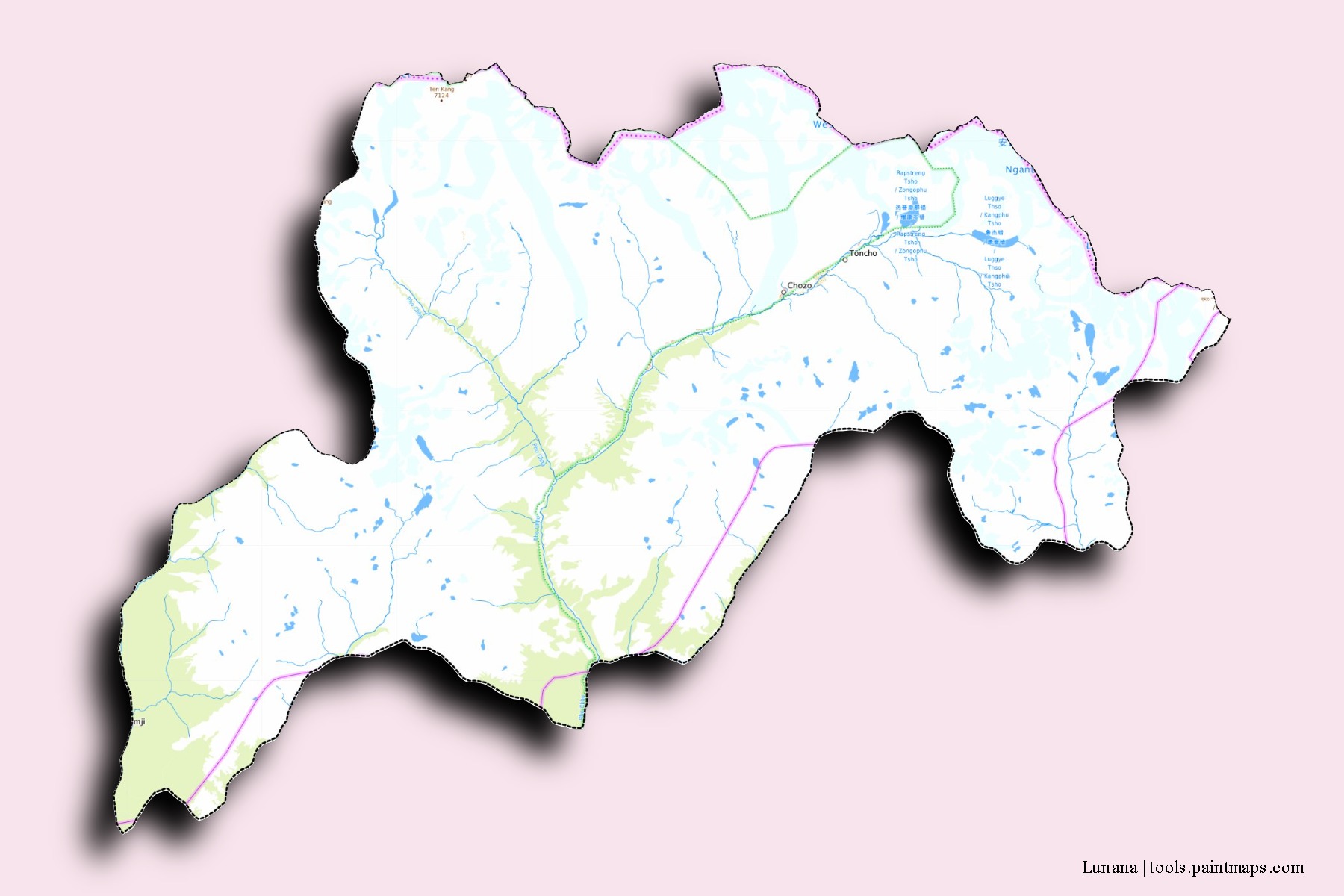 Lunana neighborhoods and villages map with 3D shadow effect