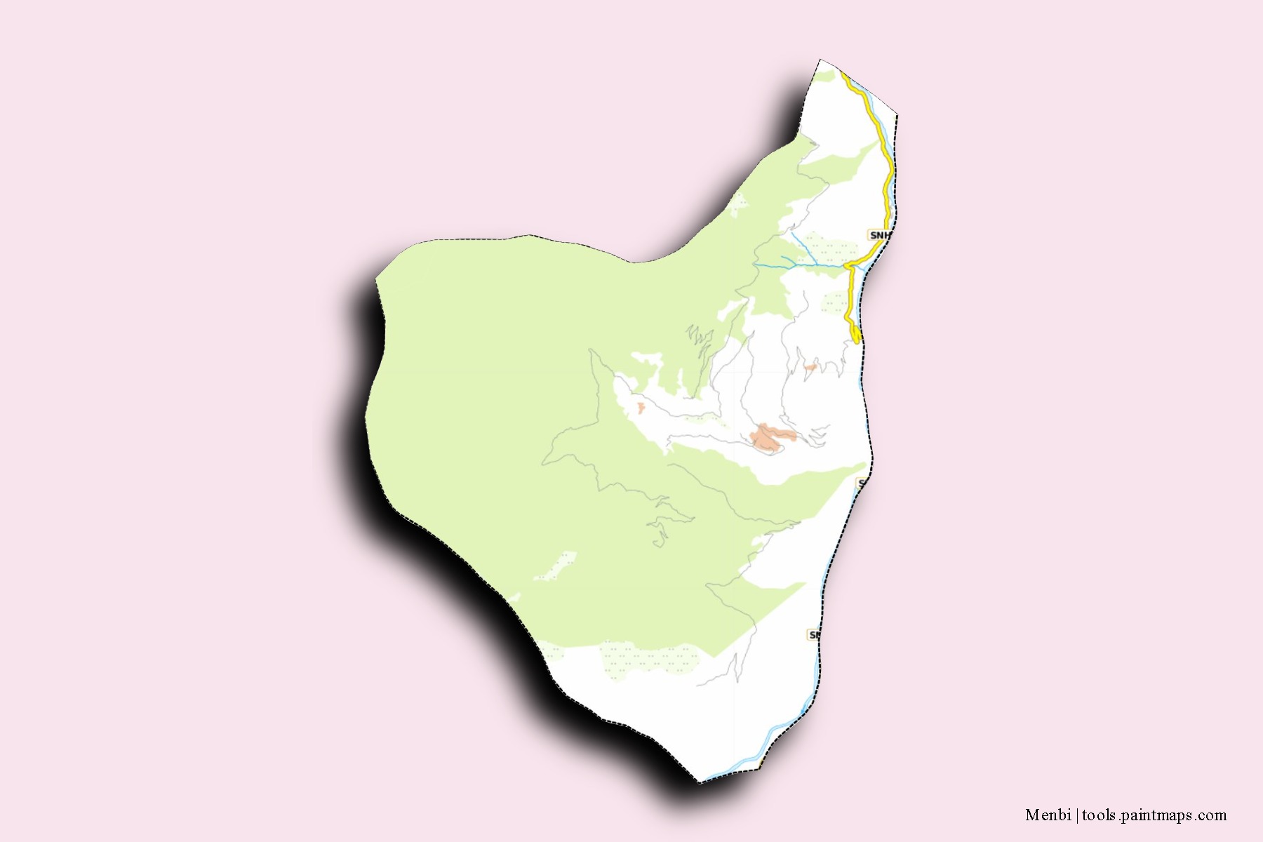 Mapa de barrios y pueblos de Menbi con efecto de sombra 3D