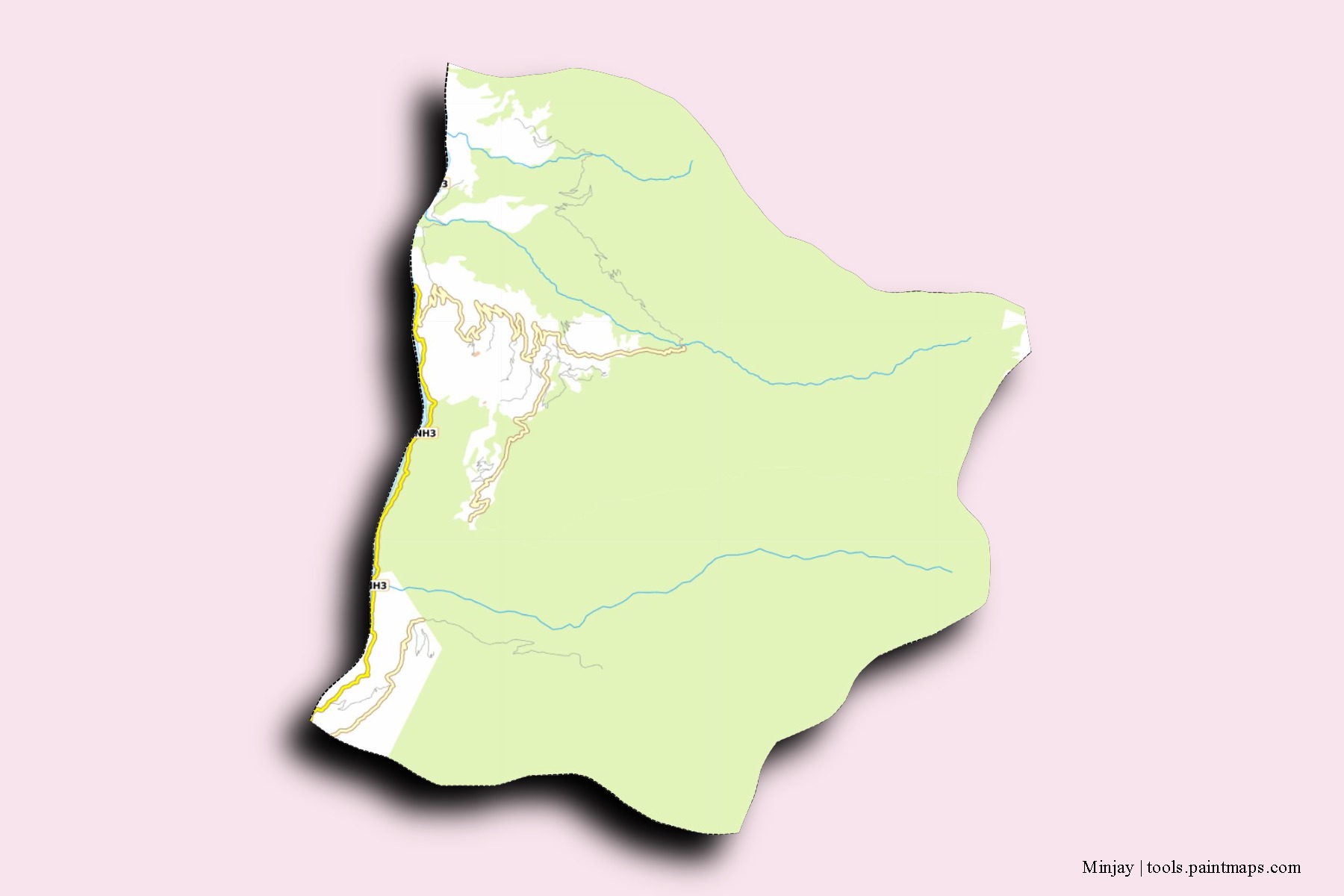 Mapa de barrios y pueblos de Minjay con efecto de sombra 3D