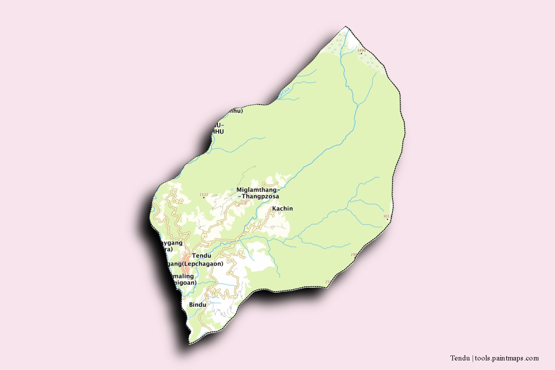 Mapa de barrios y pueblos de Tendu con efecto de sombra 3D