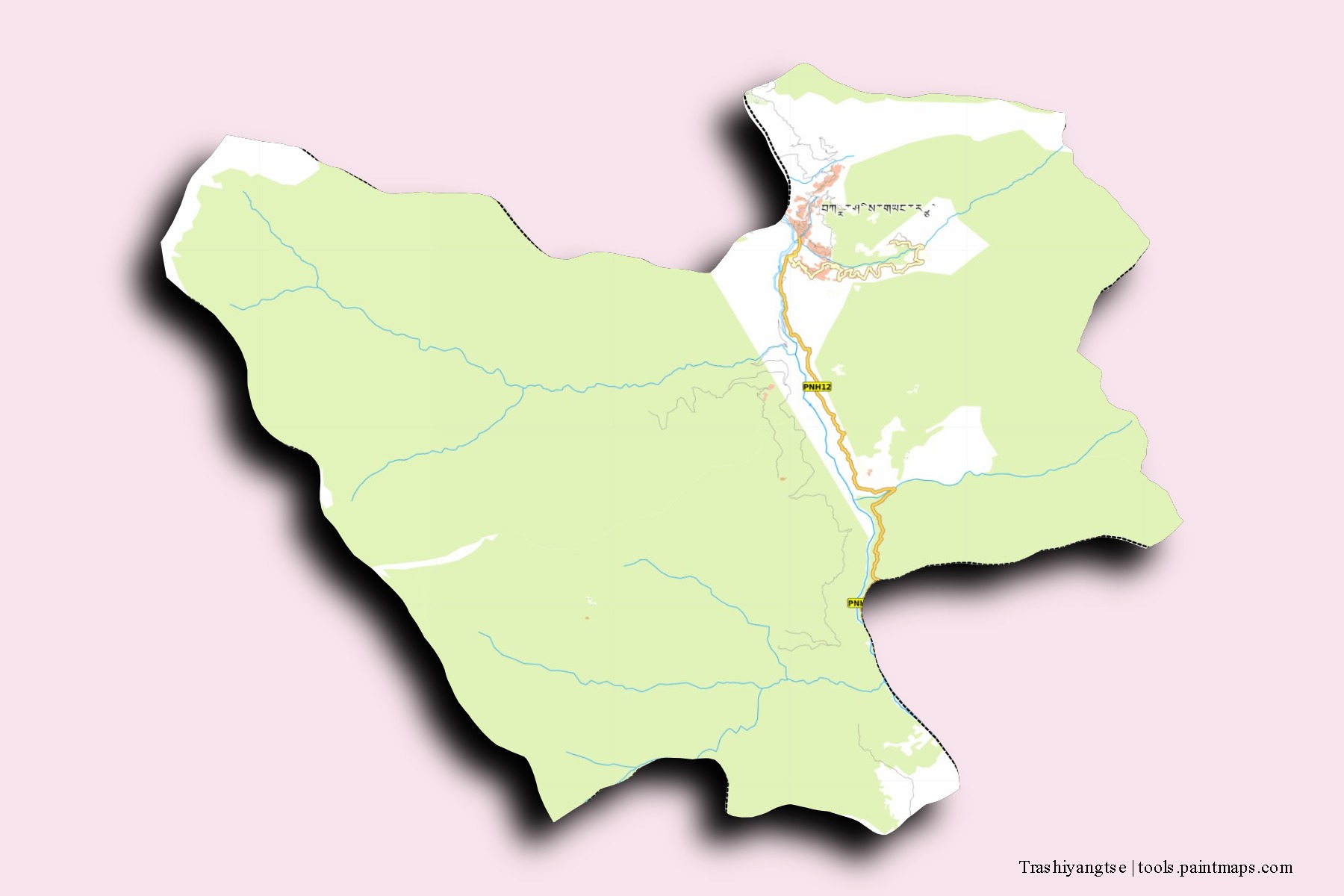 Mapa de barrios y pueblos de Trashiyangtse con efecto de sombra 3D