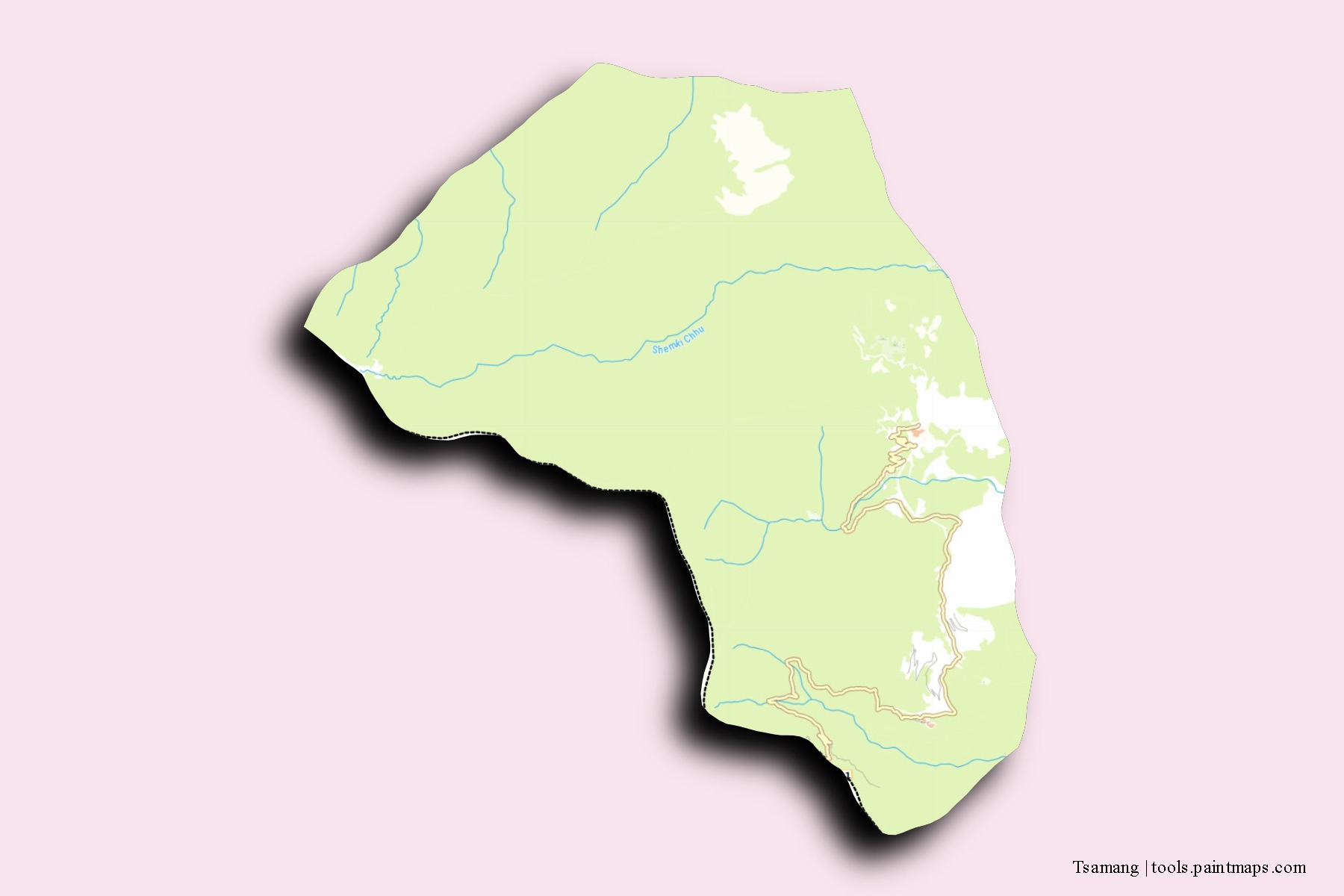 Mapa de barrios y pueblos de Tsamang con efecto de sombra 3D