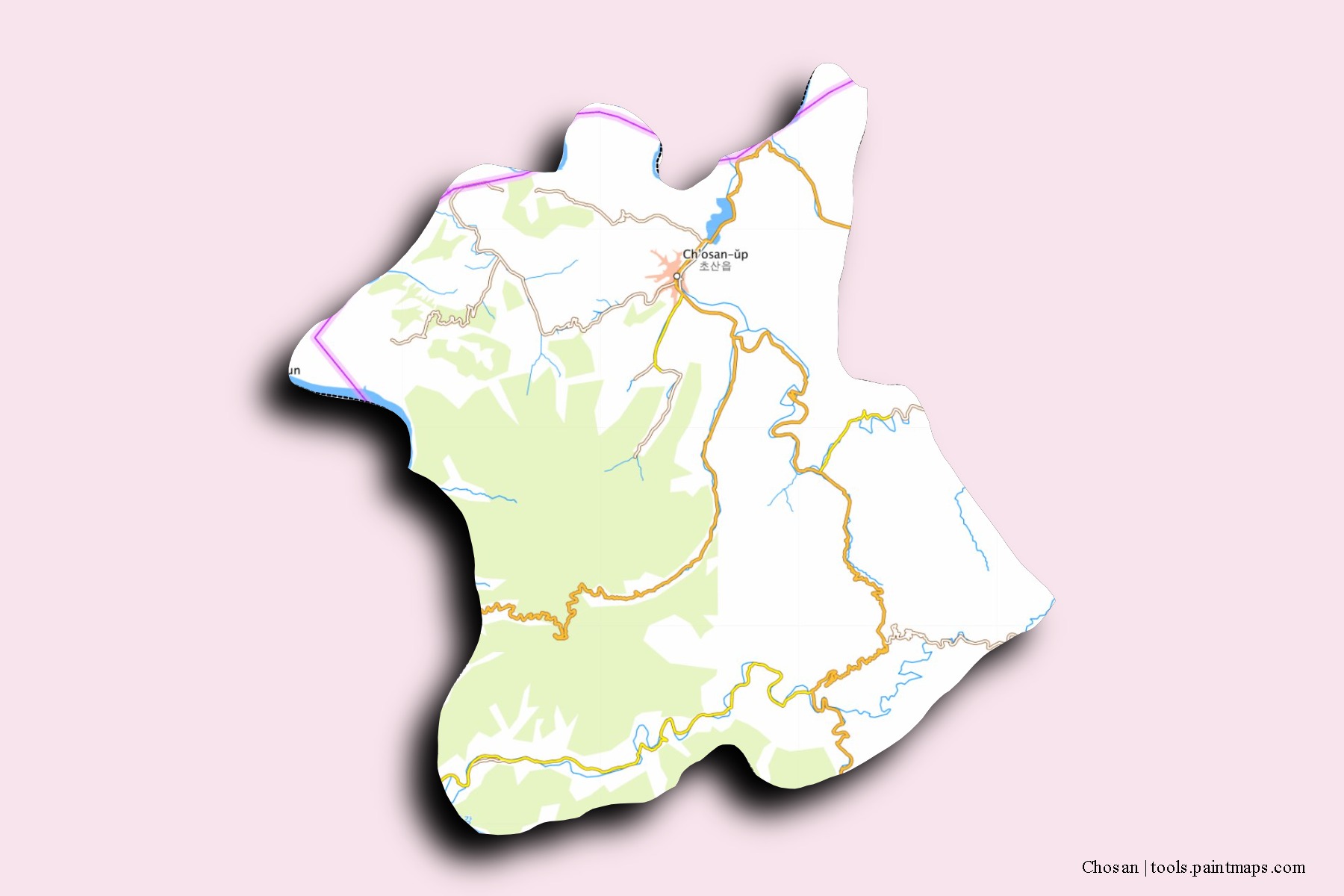 Mapa de barrios y pueblos de Chosan con efecto de sombra 3D