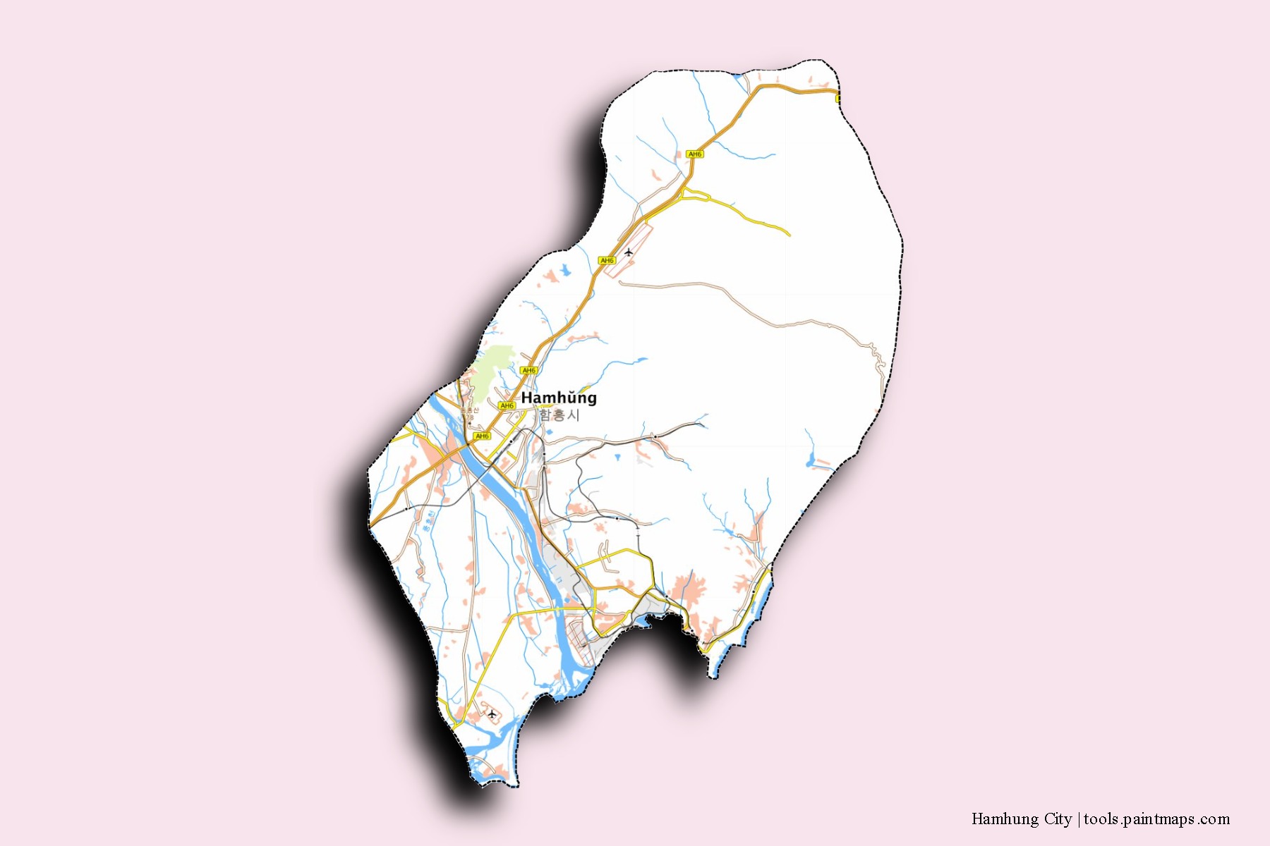 Mapa de barrios y pueblos de Hamhung City con efecto de sombra 3D