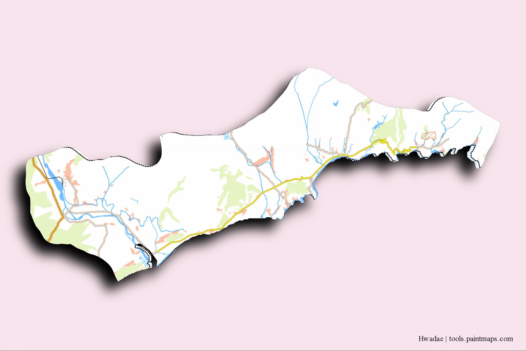 Mapa de barrios y pueblos de Hwadae con efecto de sombra 3D