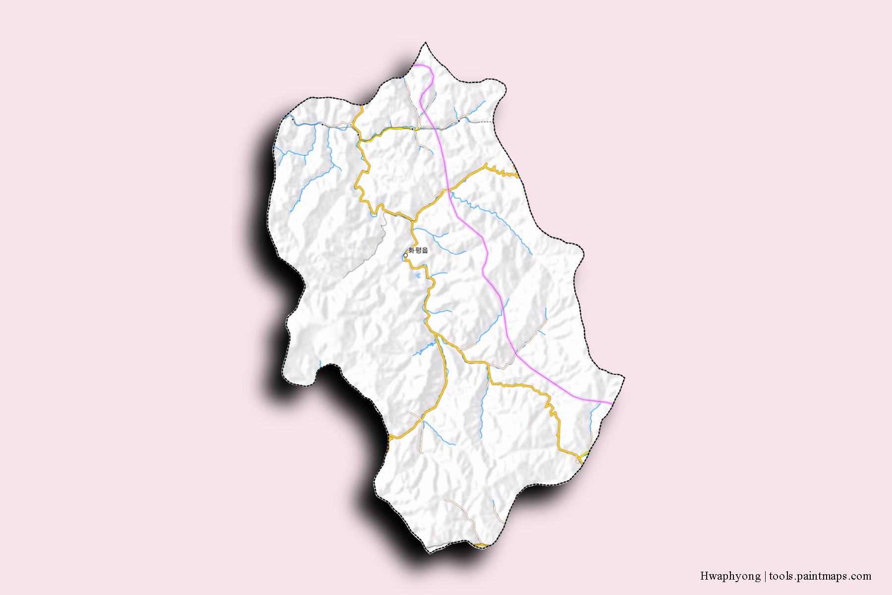 Mapa de barrios y pueblos de Hwaphyong con efecto de sombra 3D