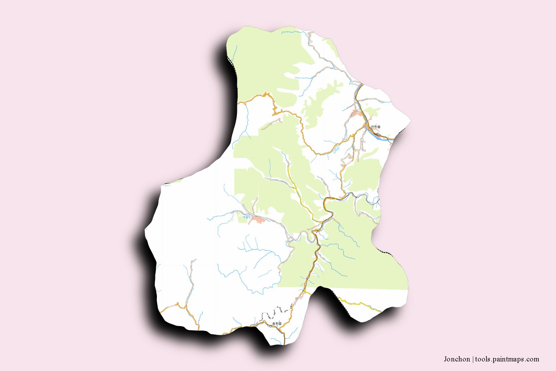 Mapa de barrios y pueblos de Jonchon con efecto de sombra 3D