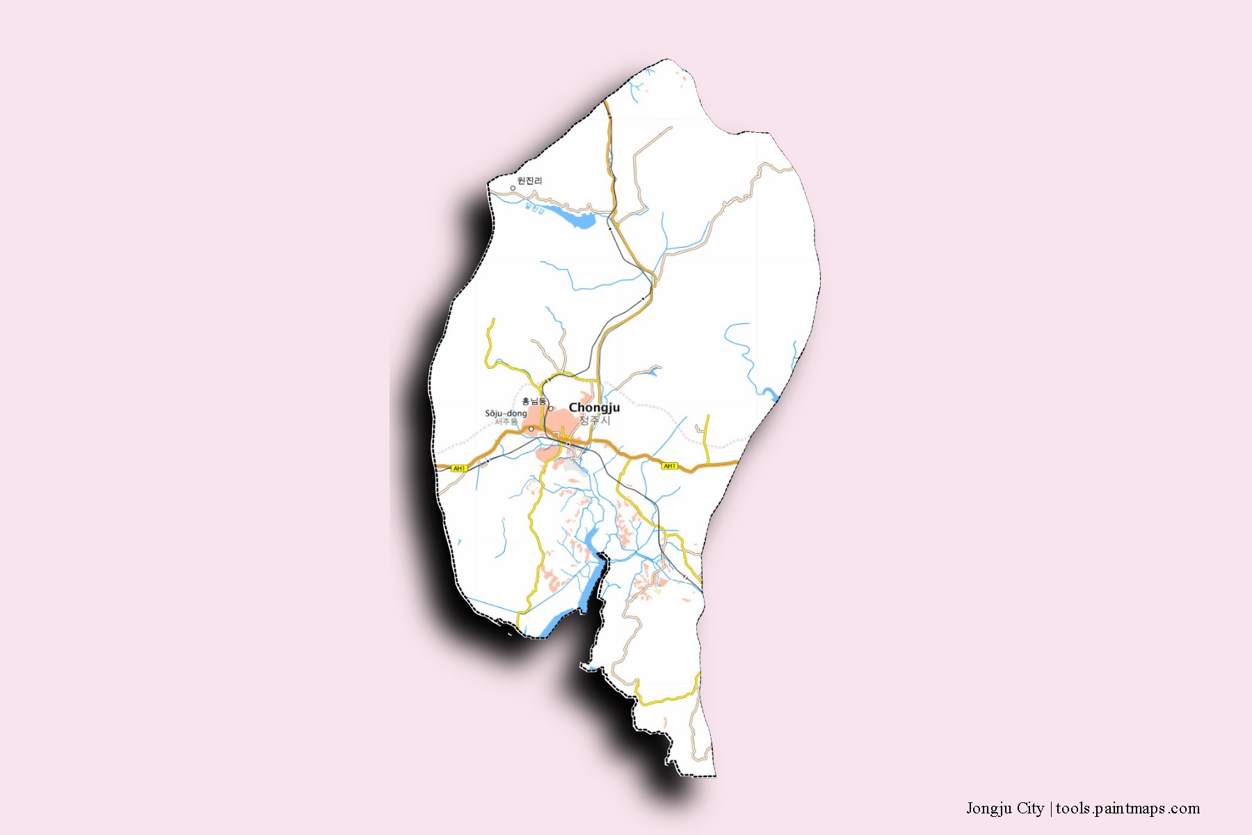 Mapa de barrios y pueblos de Jongju City con efecto de sombra 3D