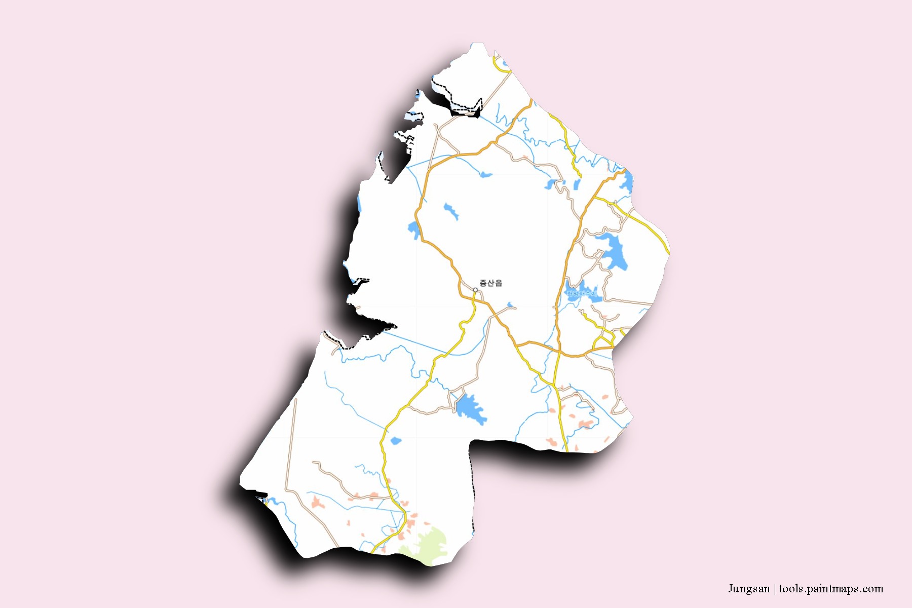 Mapa de barrios y pueblos de Jungsan con efecto de sombra 3D