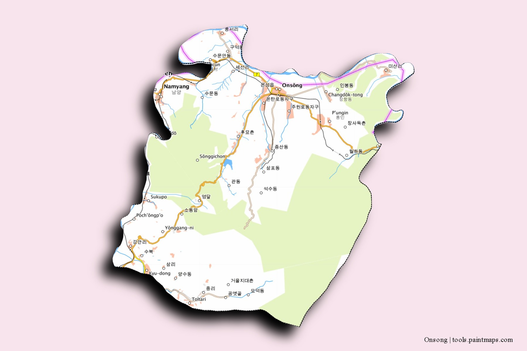 Mapa de barrios y pueblos de Onsong con efecto de sombra 3D