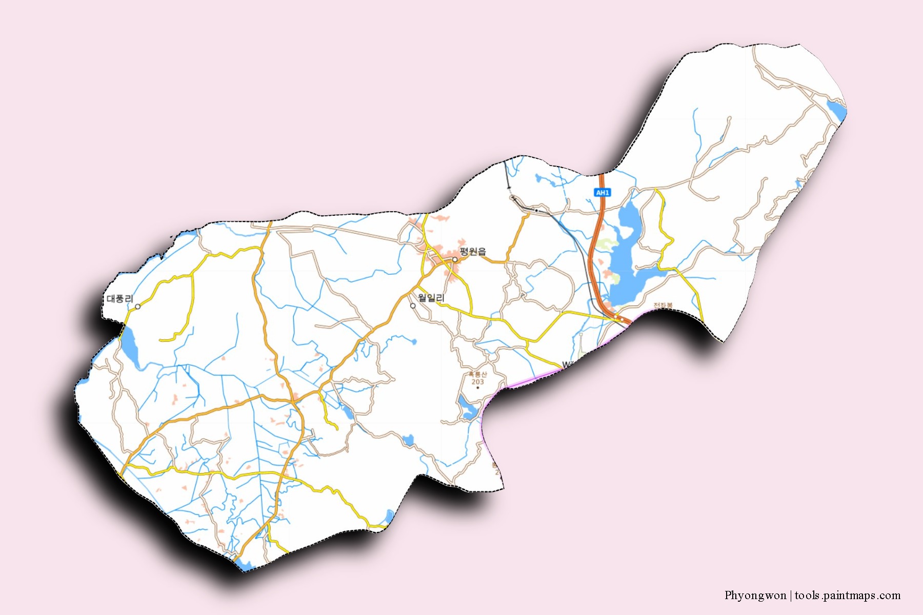 Phyongwon neighborhoods and villages map with 3D shadow effect