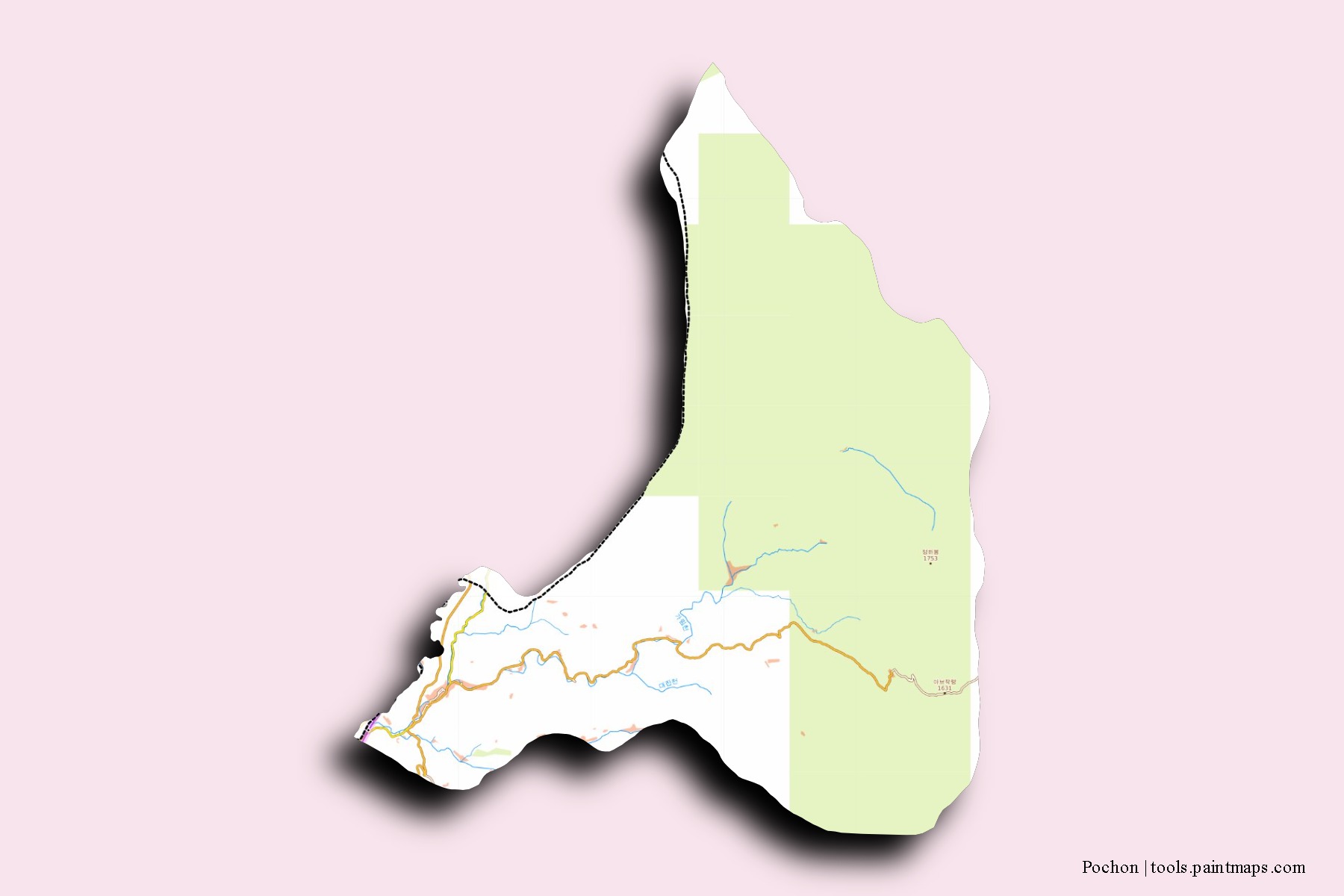 3D gölge efektli Pochon mahalleleri ve köyleri haritası