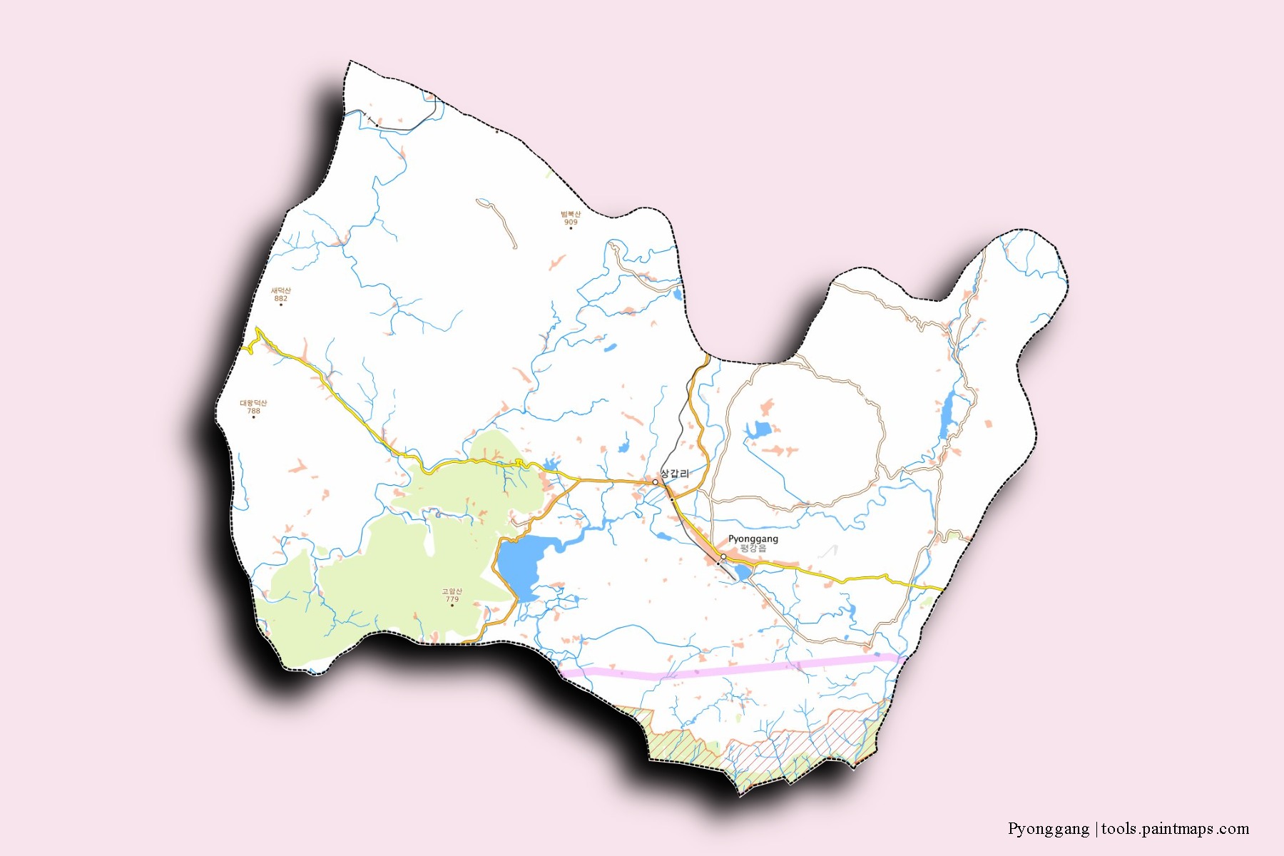 Pyonggang neighborhoods and villages map with 3D shadow effect