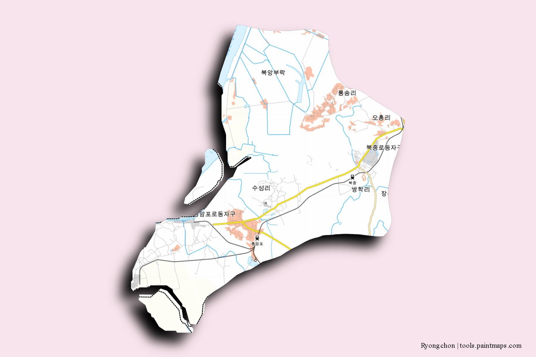 Mapa de barrios y pueblos de Ryongchon con efecto de sombra 3D