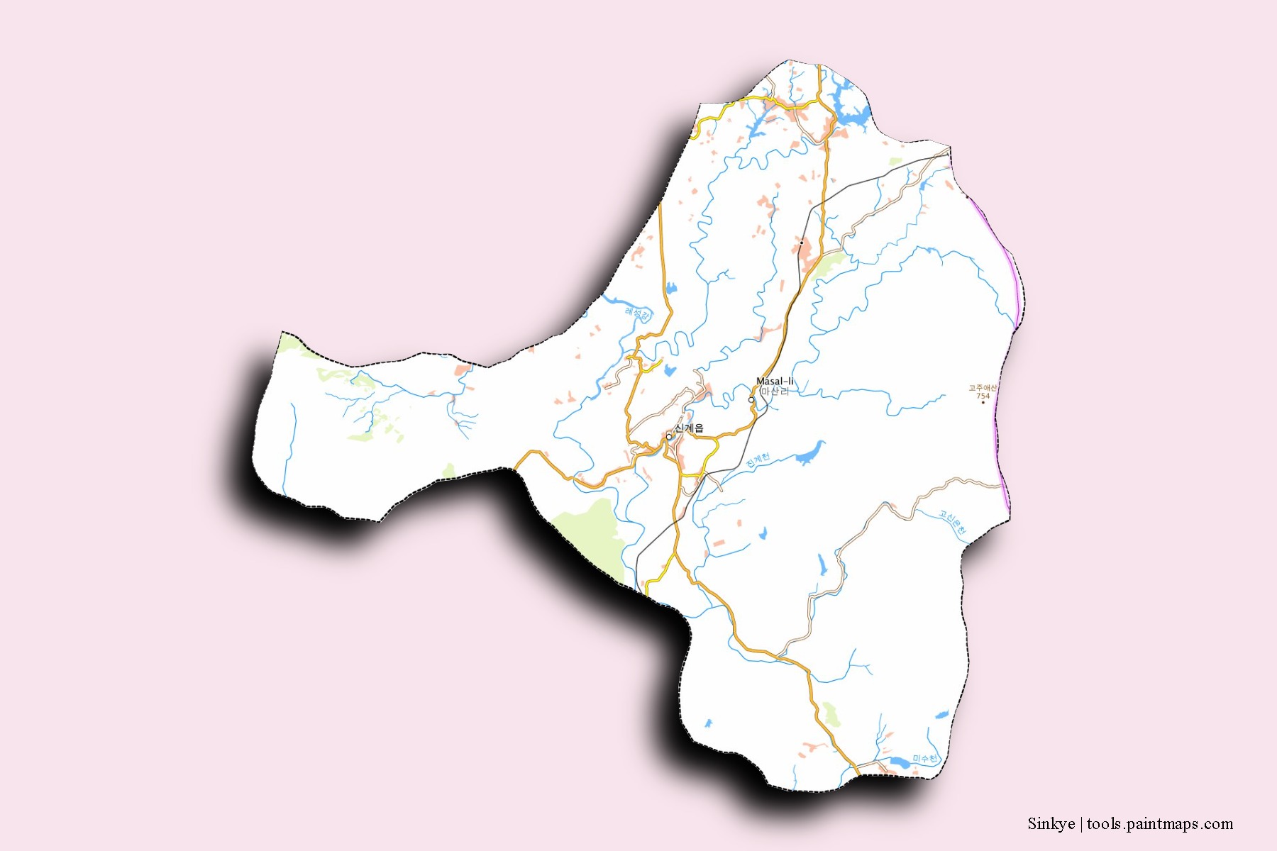 Mapa de barrios y pueblos de Sinkye con efecto de sombra 3D