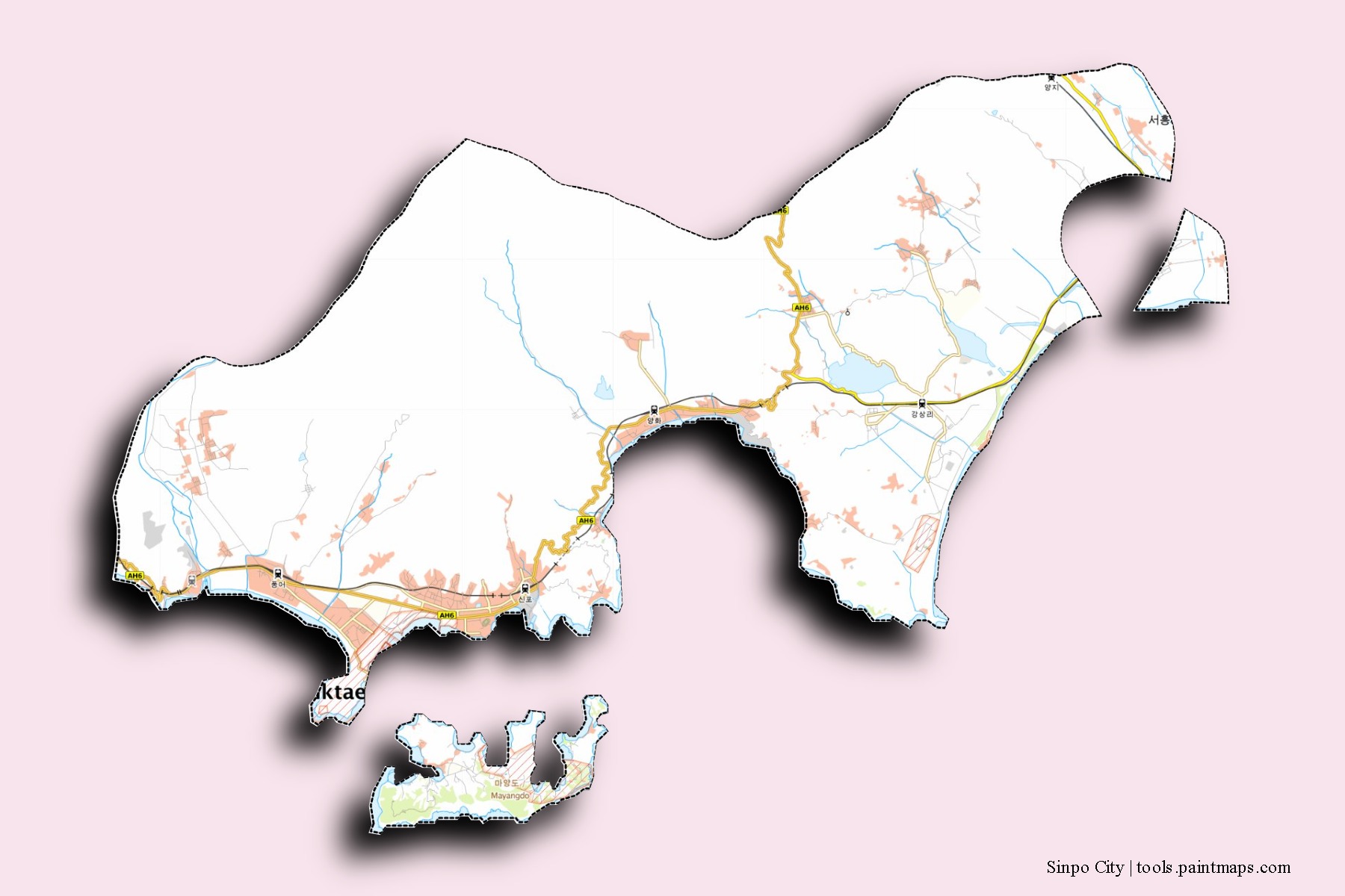 Sinpo neighborhoods and villages map with 3D shadow effect