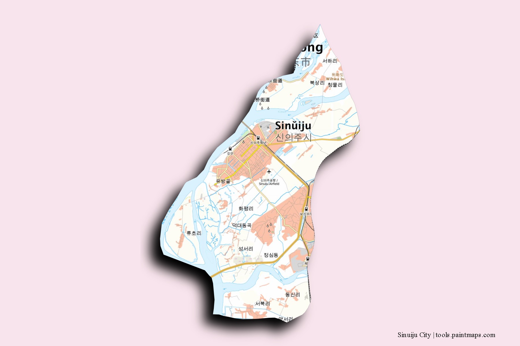 Mapa de barrios y pueblos de Sinuiju City con efecto de sombra 3D