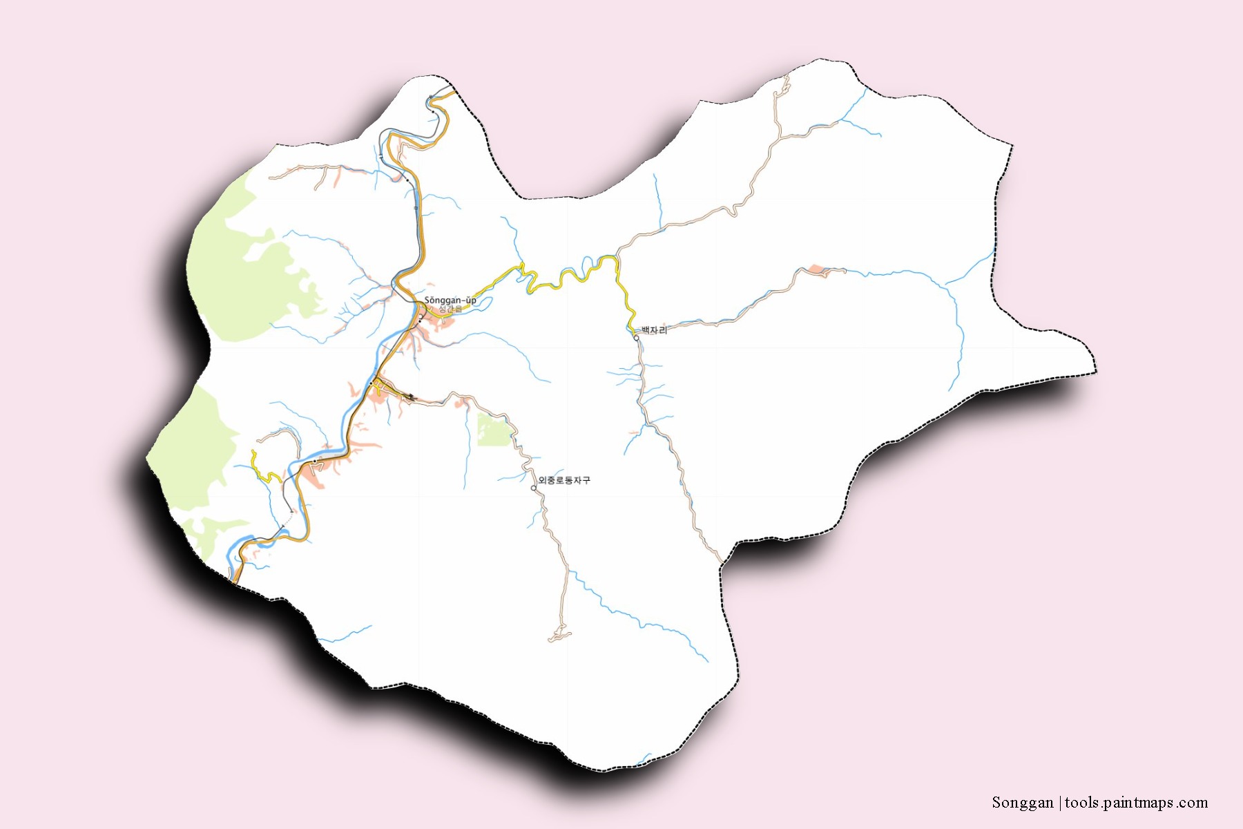 Mapa de barrios y pueblos de Songgan con efecto de sombra 3D