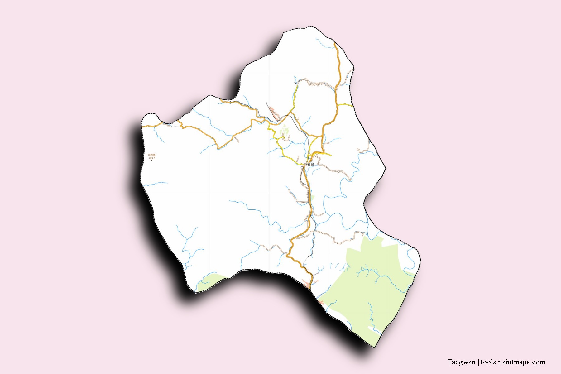 Mapa de barrios y pueblos de Taegwan con efecto de sombra 3D