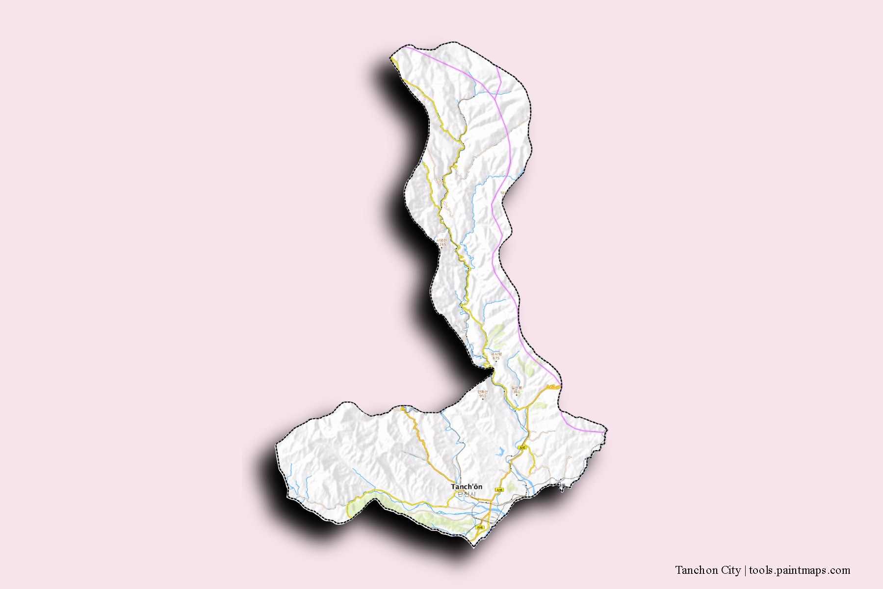 Mapa de barrios y pueblos de Tanchon City con efecto de sombra 3D