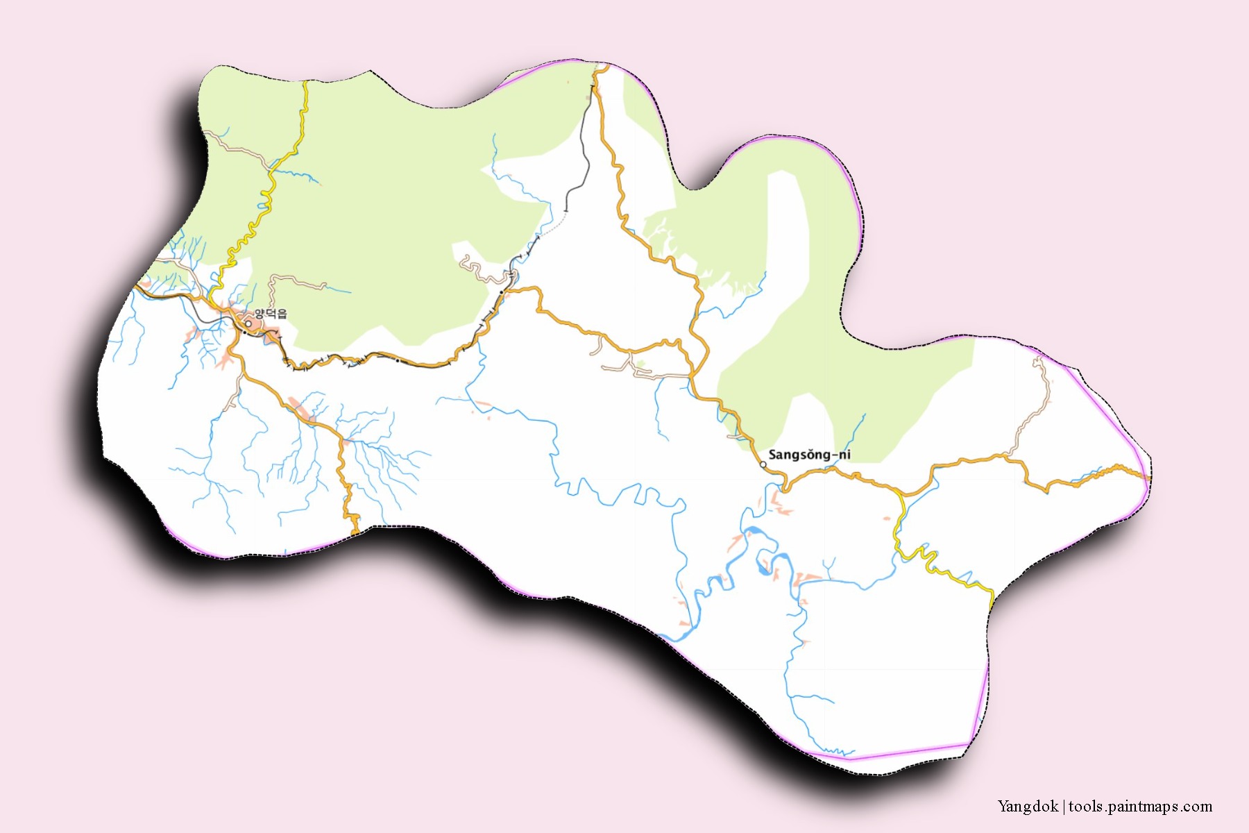 3D gölge efektli Yangdok mahalleleri ve köyleri haritası