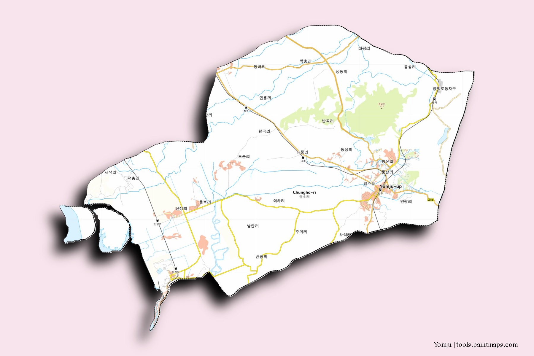 Mapa de barrios y pueblos de Yomju con efecto de sombra 3D