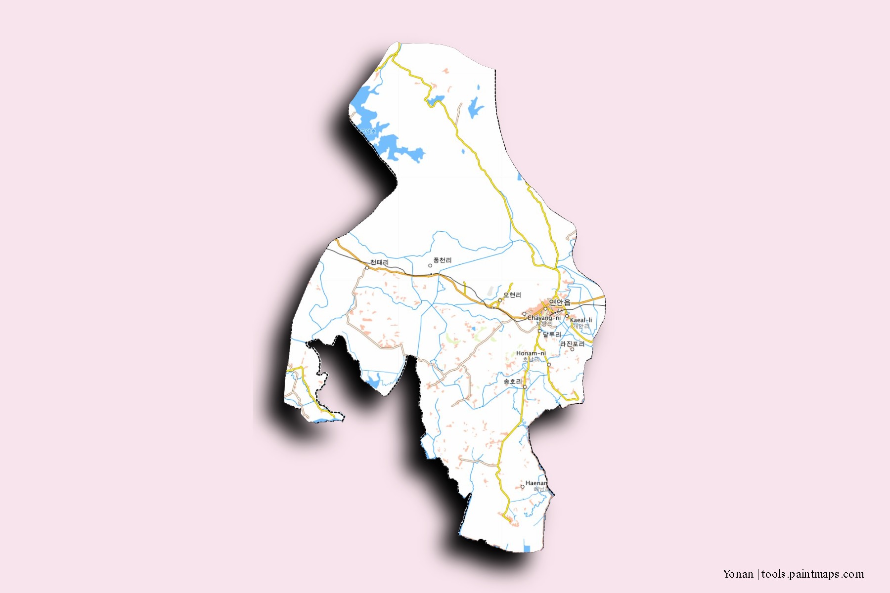 Mapa de barrios y pueblos de Yonan con efecto de sombra 3D