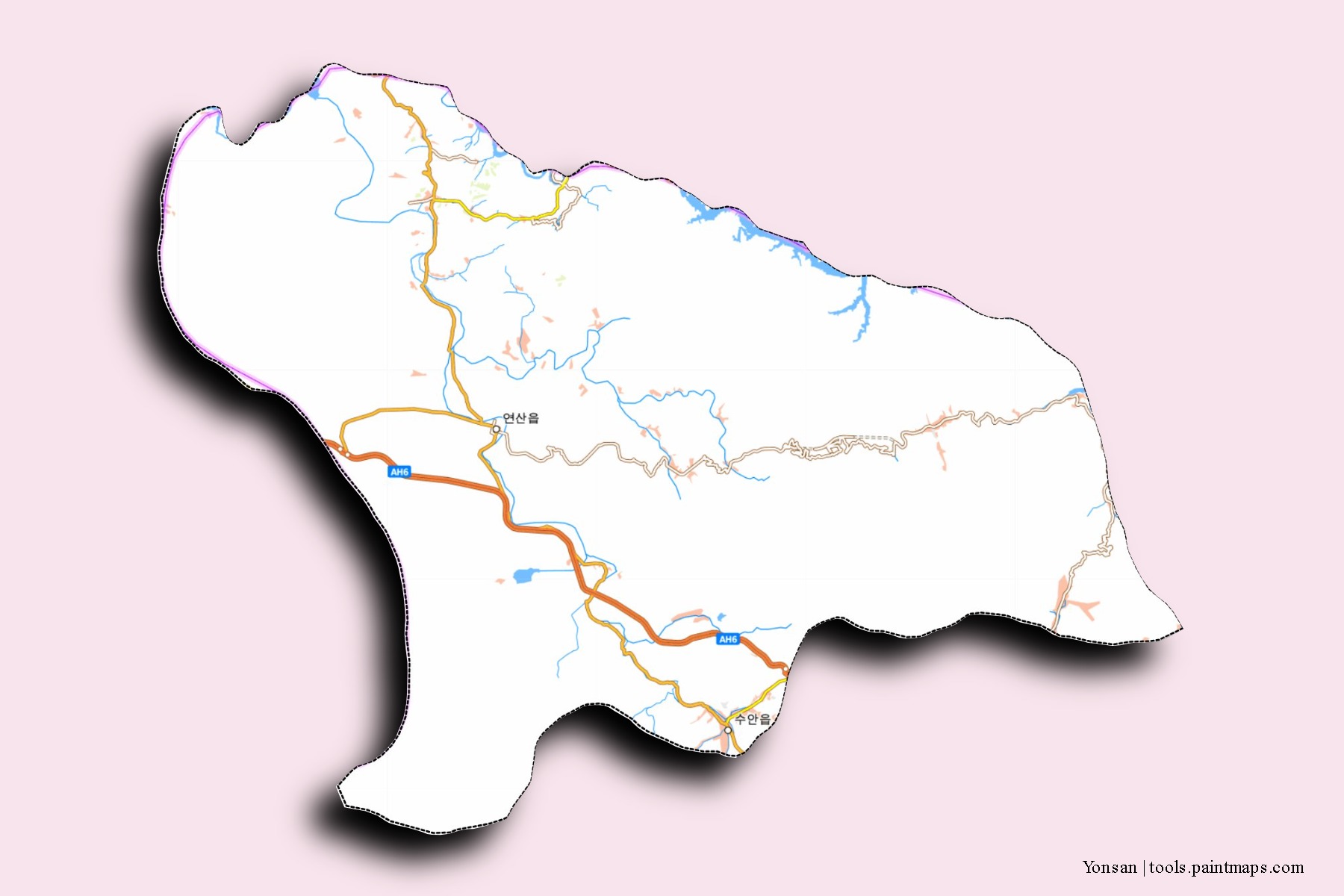 Mapa de barrios y pueblos de Yonsan con efecto de sombra 3D