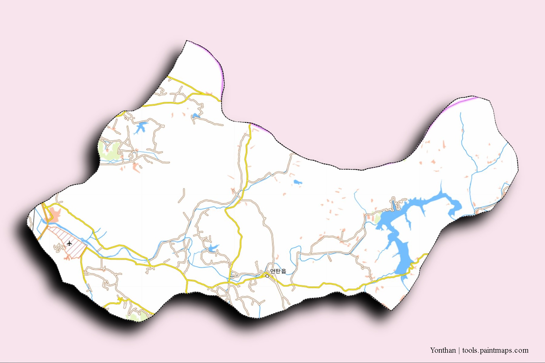 Yonthan neighborhoods and villages map with 3D shadow effect