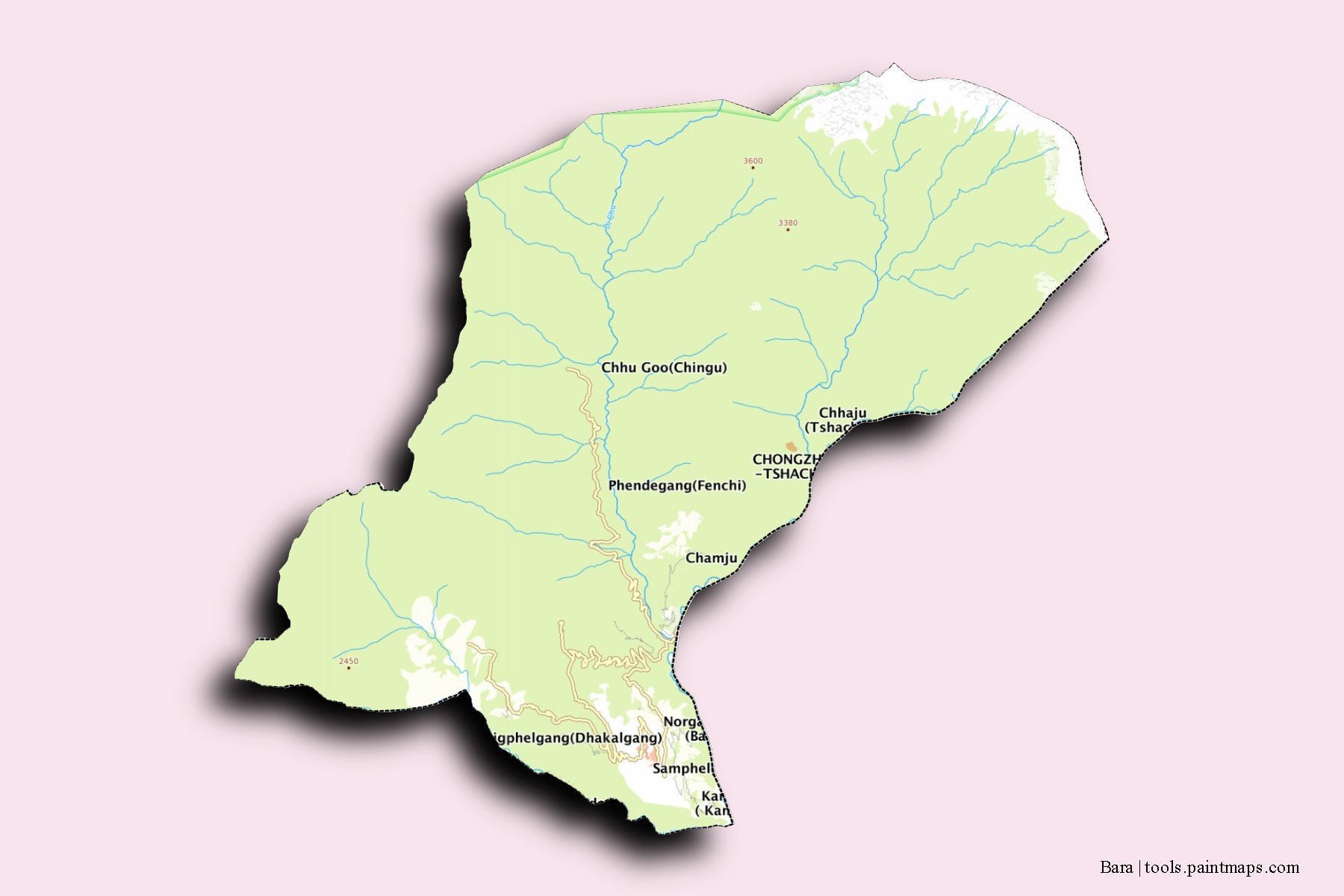 Mapa de barrios y pueblos de Bara con efecto de sombra 3D