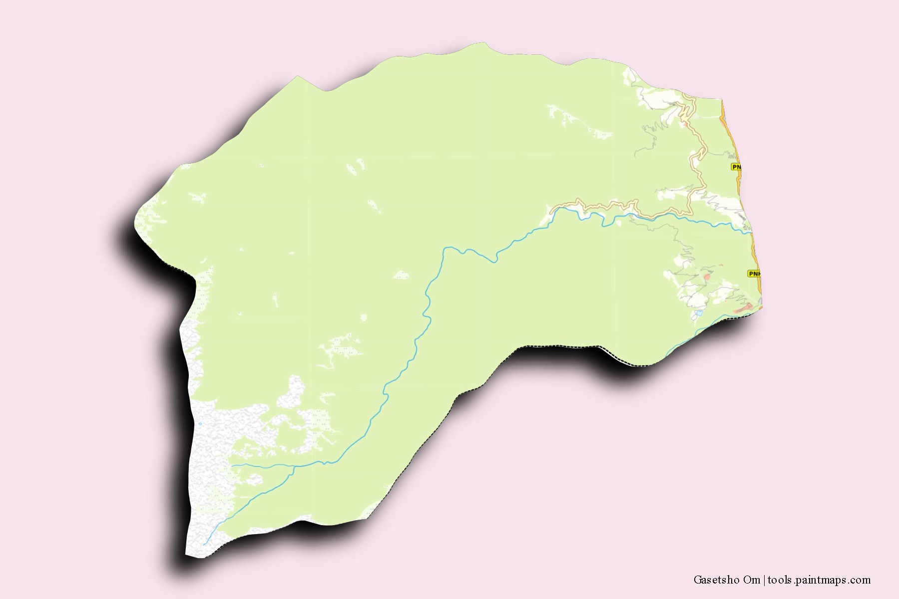 Mapa de barrios y pueblos de Gasetsho Om con efecto de sombra 3D