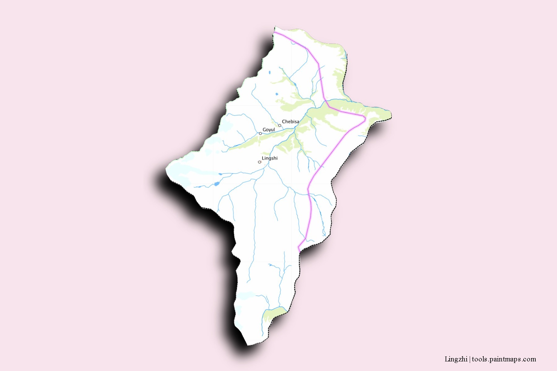 Mapa de barrios y pueblos de Lingzhi con efecto de sombra 3D