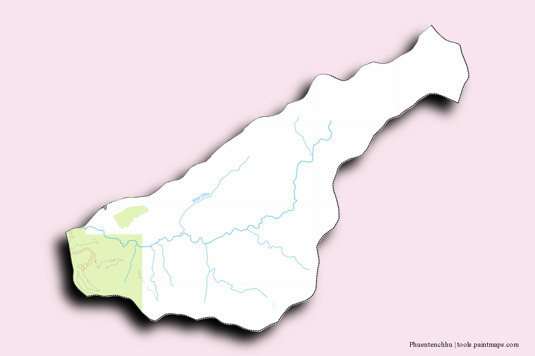 Mapa de barrios y pueblos de Phuentenchhu con efecto de sombra 3D