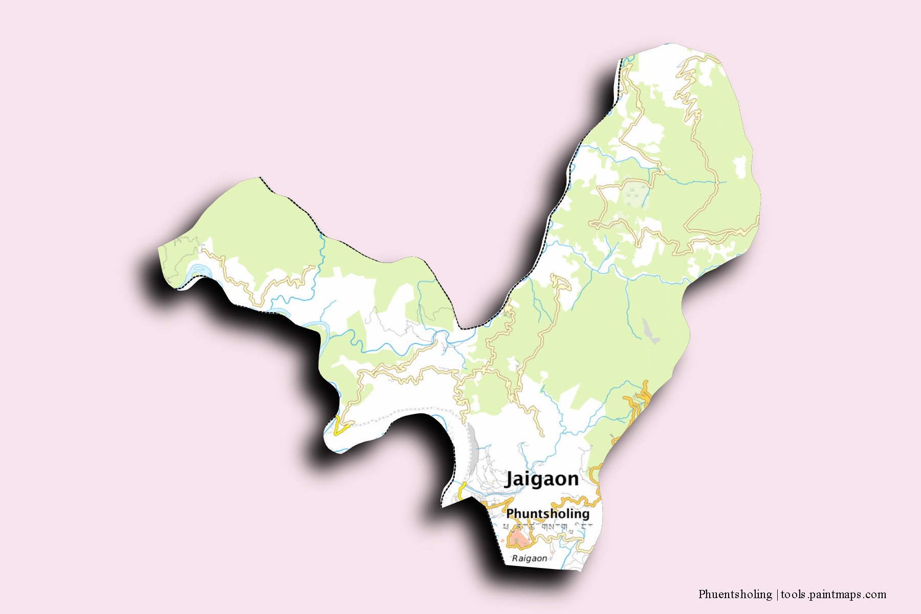 Phuentsholing neighborhoods and villages map with 3D shadow effect